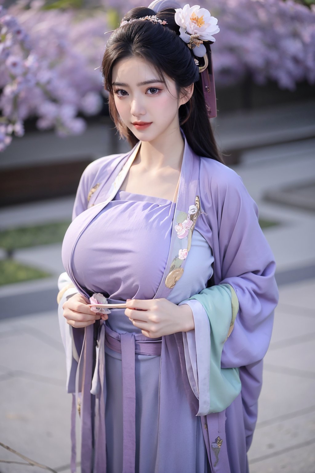 fenmo, fense, 1girl, black hair, flower, hair ornament, realistic, holding, hair flower, blurry, holding flower, chinese clothes, looking at viewer, (light purple hanfu:1.39), black eyes, basket, blurry background,hanfu,cho girl,(big breasts:1.66)