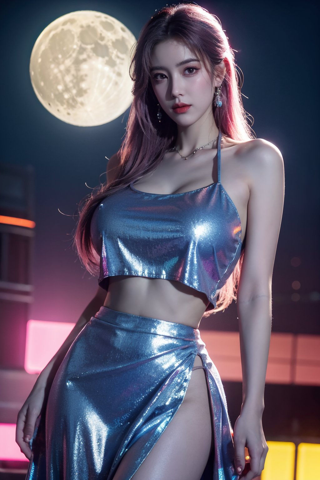 (masterpiece, best quality:1.3),Nights,(Cyberpunk:1.3), (neon lights:1.4), glowing earrings, realistic, pub,1girl, solo, looking at viewer, (Holographic light blue dress:1.29),realistic, midriff, bare shoulders, standting, hair ornament, pink hair, jewelry, Pleated Skirt, purple long skirt, cowboy shot,Xyunxiao, ,(huge breasts:1.5),(full moon:1.39)