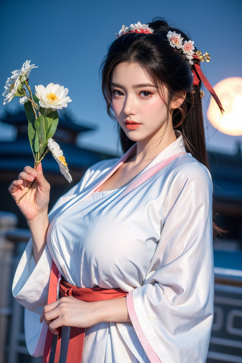  (masterpiece, best quality:1.3), 1girl, black hair, flower, hair ornament, realistic, holding, hair flower, blurry, holding flower, chinese clothes, looking at viewer, hanfu, black eyes, basket, blurry background,(red hanfu:1.29),(big breasts:1.63),(full moon:1.23)