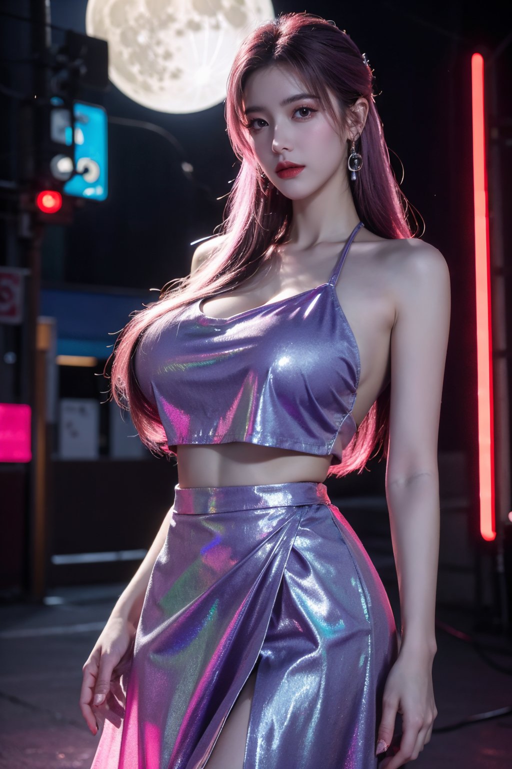 (masterpiece, best quality:1.3),Nights,(Cyberpunk:1.3), (neon lights:1.4), glowing earrings, realistic, pub,1girl, solo, looking at viewer, (Holographic light purple dress:1.29),realistic, midriff, bare shoulders, standting, hair ornament, pink hair, jewelry, Pleated Skirt, purple long skirt, cowboy shot,Xyunxiao, ,(huge breasts:1.5),(full moon:1.39)