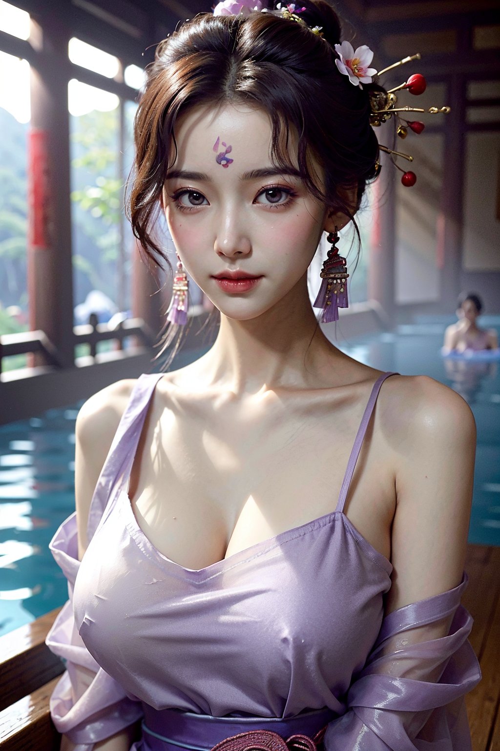 (((masterpiece))), (((best quality))), (((half body photo))), (((tangfengspabelle))), ((forehead floral mark)), ((partially submerged)), solo, 1girl, ((light purple collarbone see through hanfu:1.2)), hairclip, big tits, smile, (big breasts:1.39)