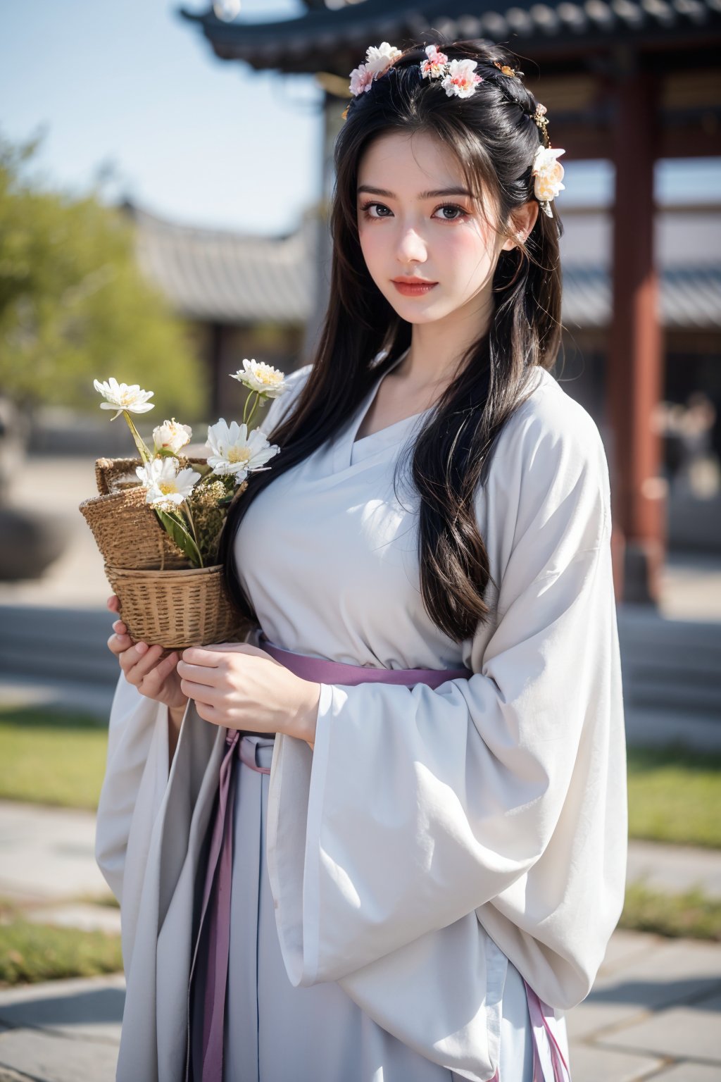 fenmo, fense, 1girl, black hair, flower, hair ornament, realistic, holding, hair flower, blurry, holding flower, chinese clothes, looking at viewer, hanfu, black eyes, basket, blurry background,hanfu,cho girl,(big breasts:1.39)