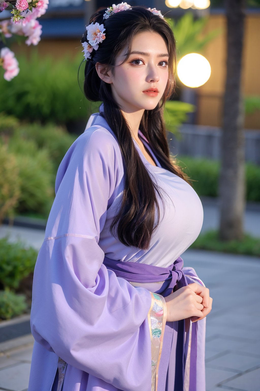  (masterpiece, best quality:1.3), 1girl, black hair, flower, hair ornament, realistic, holding, hair flower, blurry, holding flower, chinese clothes, looking at viewer, hanfu, black eyes, basket, blurry background,(light purple hanfu:1.29),(big breasts:1.56),(full moon:1.23)