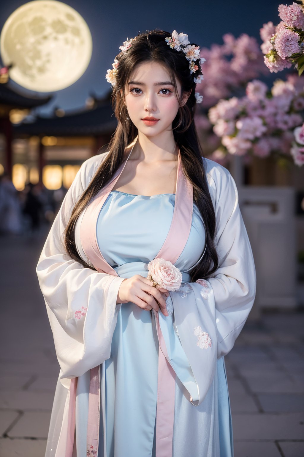  (masterpiece, best quality:1.3), 1girl, black hair, flower, hair ornament, realistic, holding, hair flower, blurry, holding flower, chinese clothes, looking at viewer, hanfu, black eyes, basket, blurry background,(white hanfu:1.29),(big breasts:1.56),(full moon:1.23)