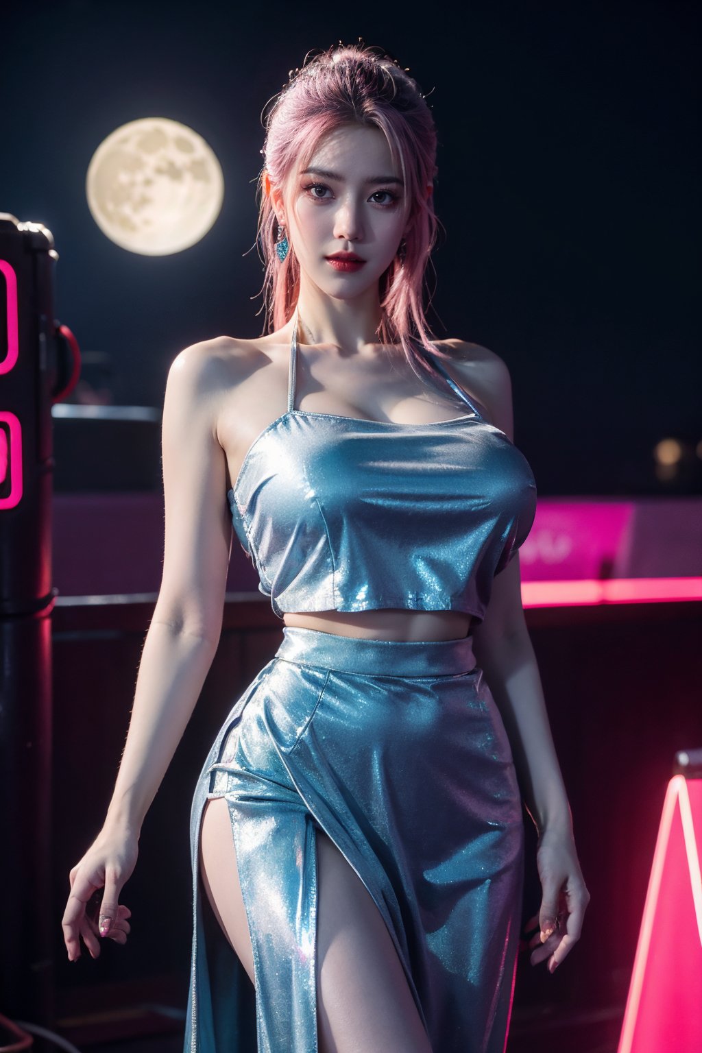 (masterpiece, best quality:1.3),Nights,(Cyberpunk:1.3), (neon lights:1.4), glowing earrings, realistic, pub,1girl, solo, looking at viewer, (Holographic light blue dress:1.29),realistic, midriff, bare shoulders, standting, hair ornament, pink hair, jewelry, Pleated Skirt, purple long skirt, cowboy shot,Xyunxiao, ,(huge breasts:1.5),(full moon:1.39)