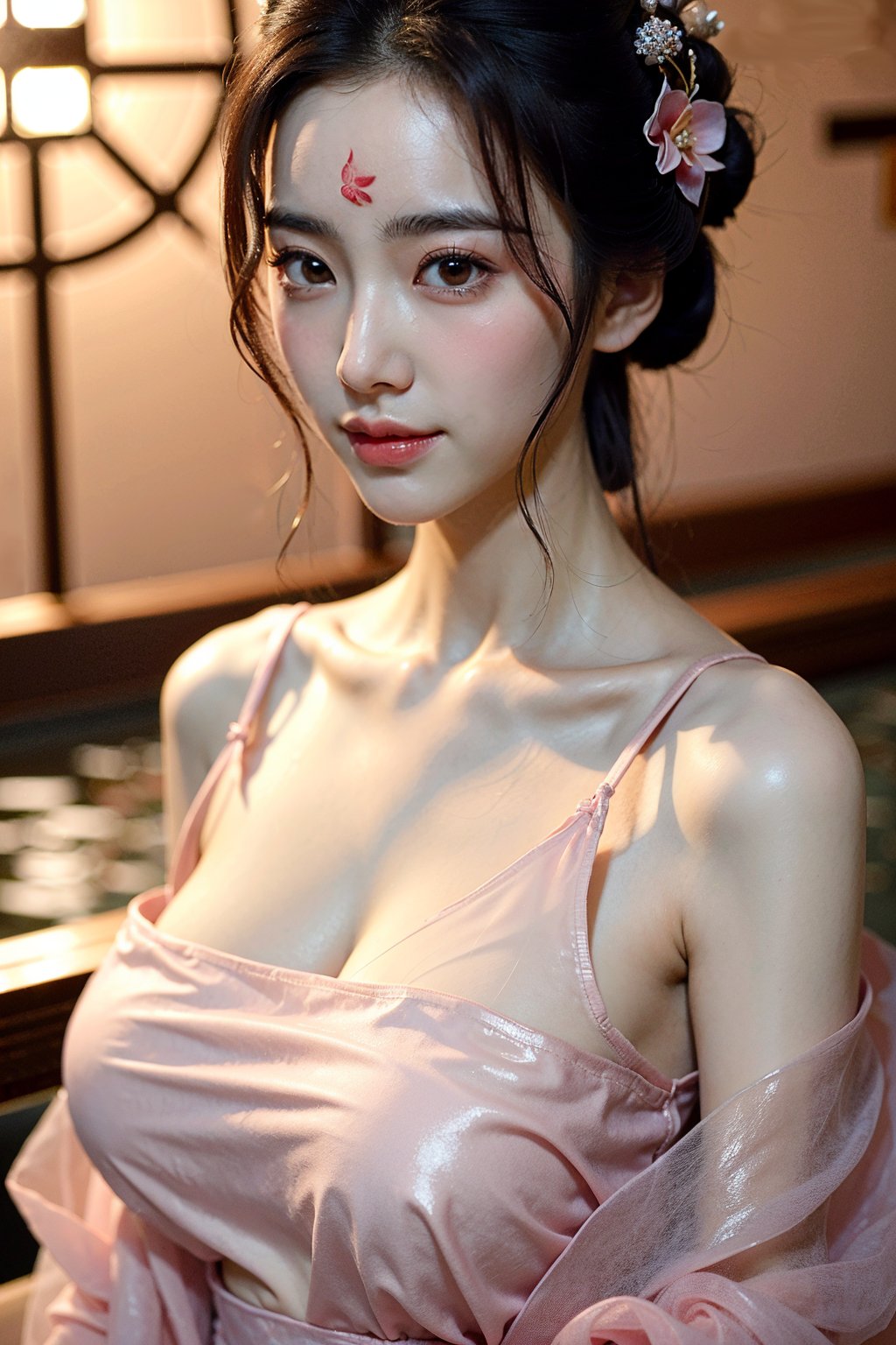 (((masterpiece))), (((best quality))), (((half body photo))), (((tangfengspabelle))), ((forehead floral mark)), ((partially submerged)), solo, 1girl, ((light pink collarbone see through hanfu:1.2)), hairclip, big tits, smile, (big breasts:1.39)