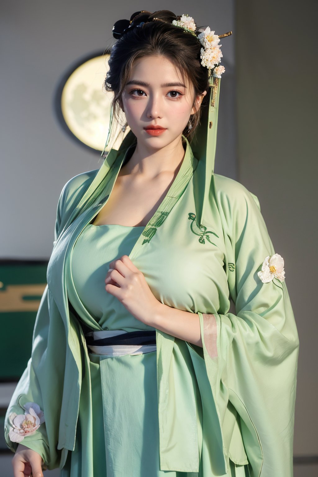  (masterpiece, best quality:1.3), 1girl, black hair, flower, hair ornament, realistic, holding, hair flower, blurry, holding flower, chinese clothes, looking at viewer, green hanfu, black eyes, basket, blurry background,(green hanfu:1.53),(big breasts:1.63),(full moon:1.29)