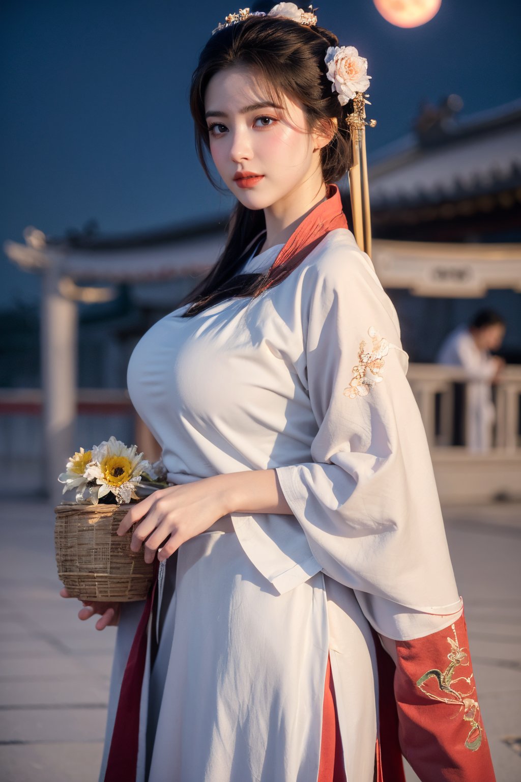  (masterpiece, best quality:1.3), 1girl, black hair, flower, hair ornament, realistic, holding, hair flower, blurry, holding flower, chinese clothes, looking at viewer, hanfu, black eyes, basket, blurry background,(red hanfu:1.5),(big breasts:1.63),(full moon:1.29)