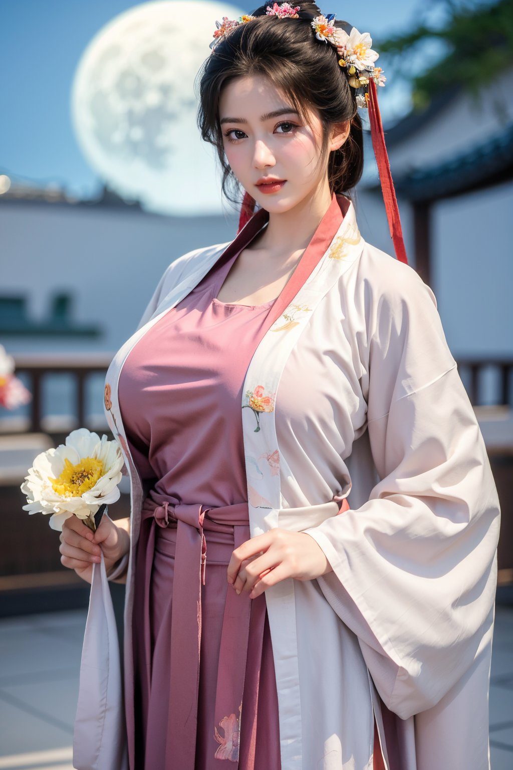  (masterpiece, best quality:1.3), 1girl, black hair, flower, hair ornament, realistic, holding, hair flower, blurry, holding flower, chinese clothes, looking at viewer, hanfu, black eyes, basket, blurry background,(red hanfu:1.39),(big breasts:1.63),(full moon:1.29)