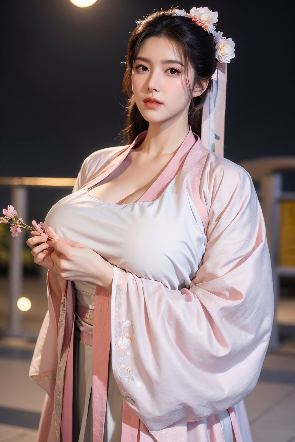  (masterpiece, best quality:1.3), 1girl, black hair, flower, hair ornament, realistic, holding, hair flower, blurry, holding flower, chinese clothes, looking at viewer, hanfu, black eyes, basket, blurry background,(pink-white hanfu:1.29),(big breasts:1.66),(full moon:1.23)