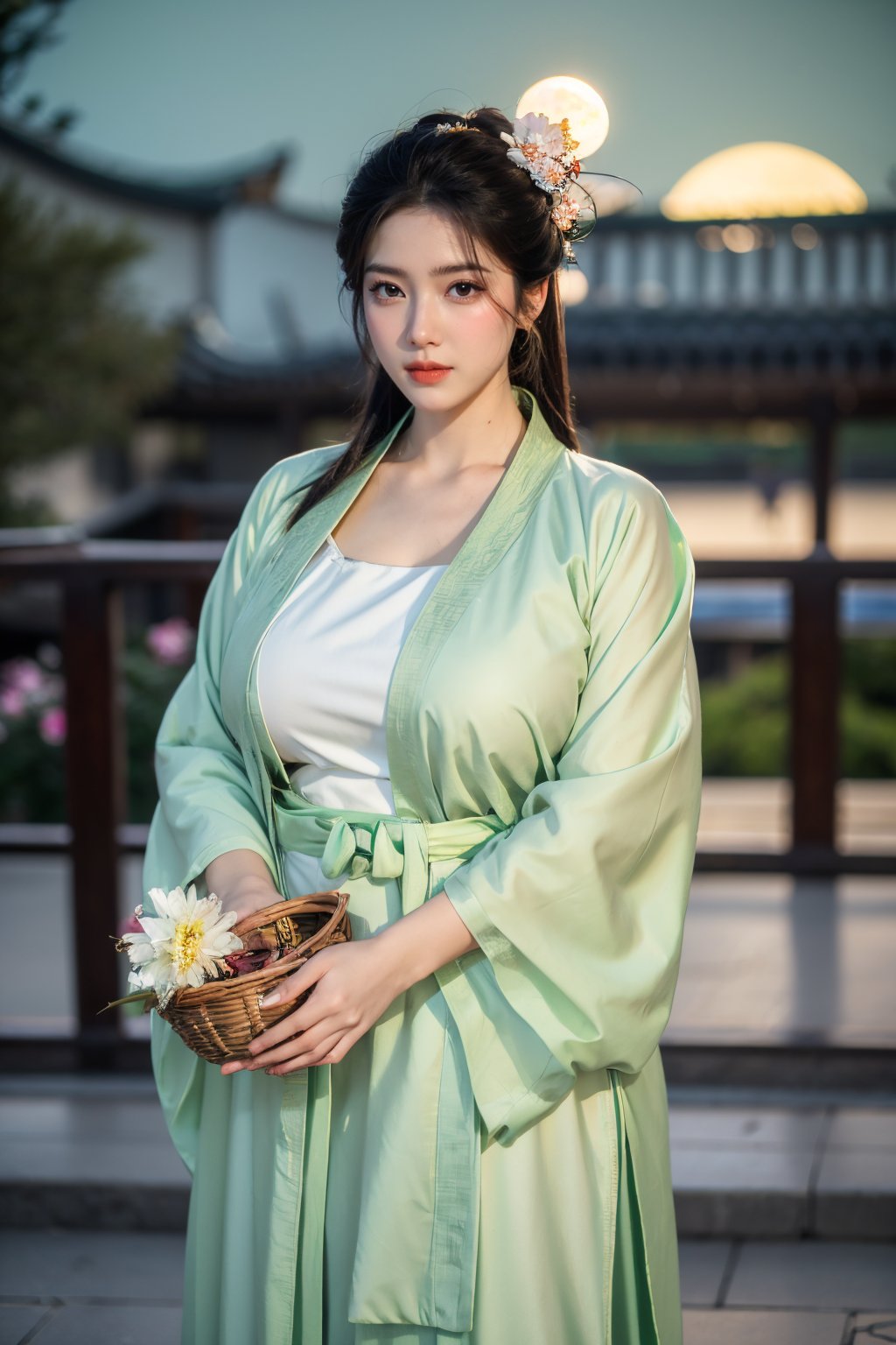  (masterpiece, best quality:1.3), 1girl, black hair, flower, hair ornament, realistic, holding, hair flower, blurry, holding flower, chinese clothes, looking at viewer, hanfu, black eyes, basket, blurry background,(light green hanfu:1.29),(big breasts:1.56),(full moon:1.23)