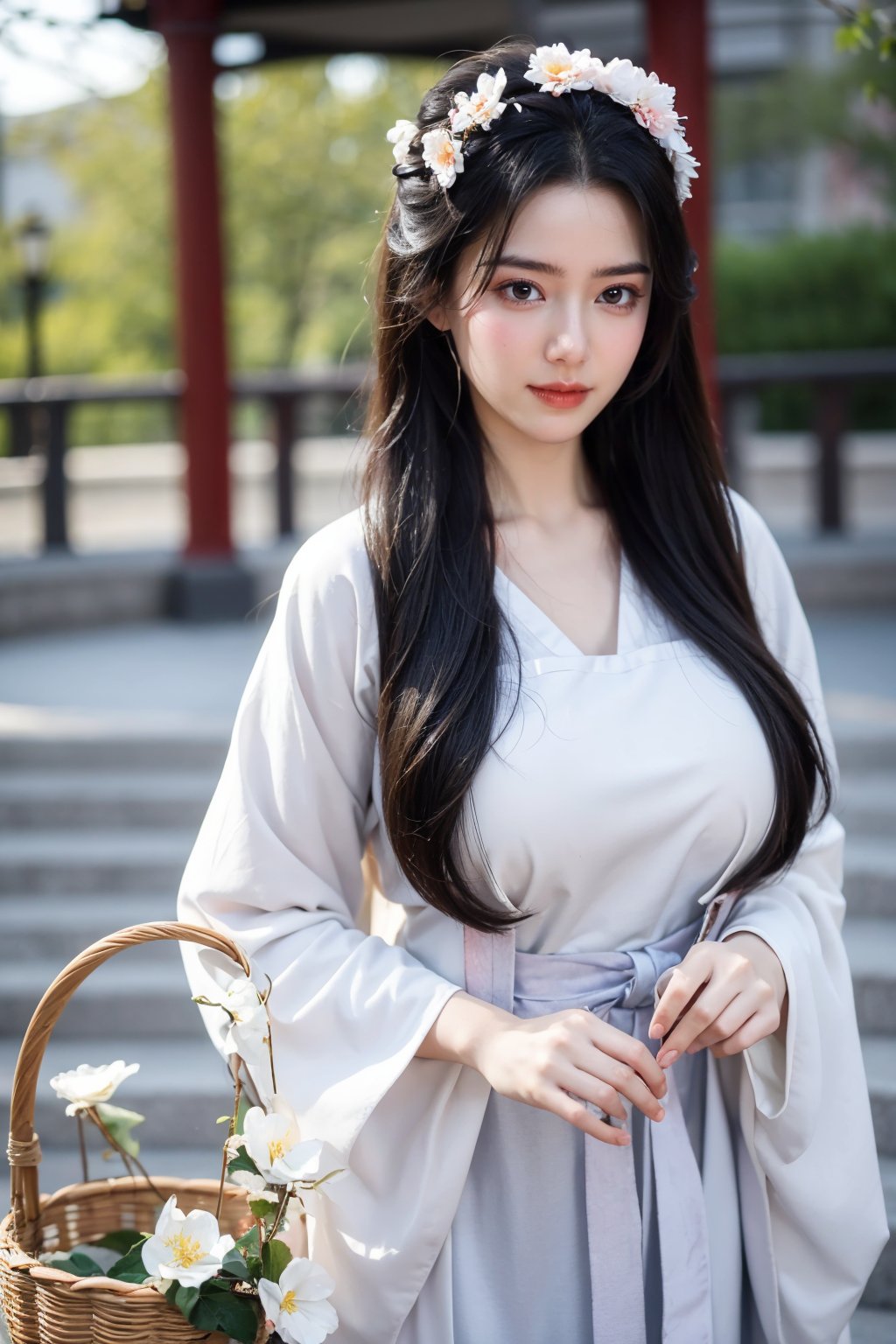 fenmo, fense, 1girl, black hair, flower, hair ornament, realistic, holding, hair flower, blurry, holding flower, chinese clothes, looking at viewer, hanfu, black eyes, basket, blurry background,hanfu,cho girl,(big breasts:1.5)