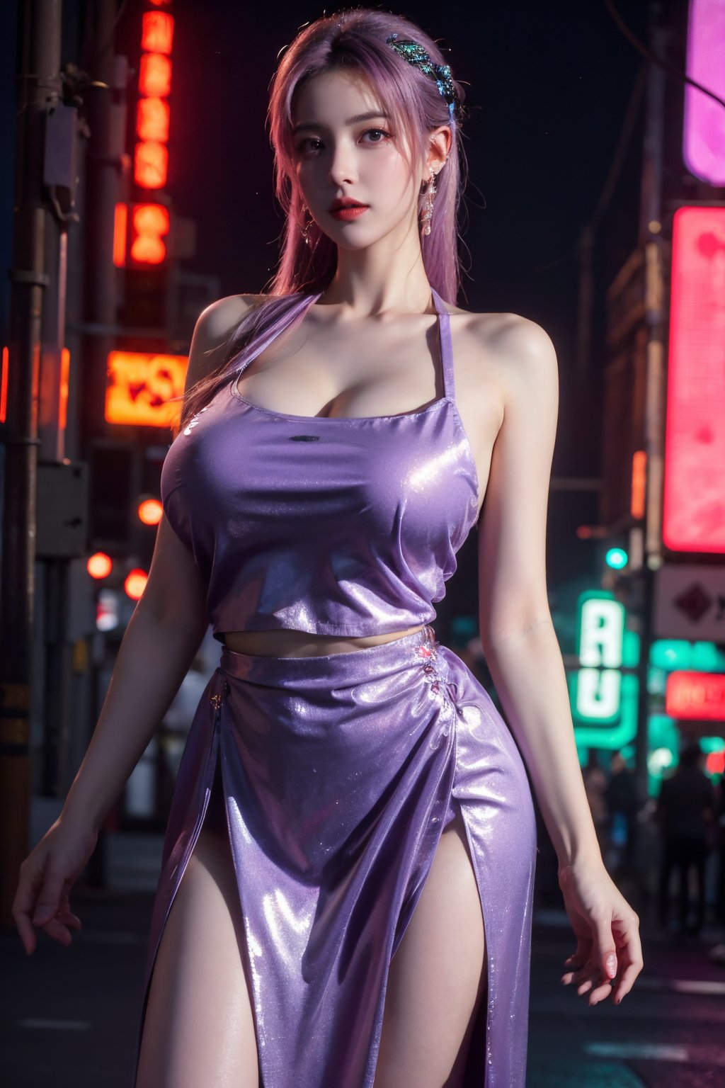 (masterpiece, best quality:1.3),Nights,(Cyberpunk:1.3), (neon lights:1.4), glowing earrings, realistic, pub,1girl, solo, looking at viewer, (Holographic color Dress:1.23),(light purple dress:1.29),Cyberpunk,realistic, midriff, bare shoulders, standting, hair ornament, pink hair, jewelry, Pleated Skirt, purple long skirt, cowboy shot,Xyunxiao, ,(big breasts:1.69),(full breasts:1.52)