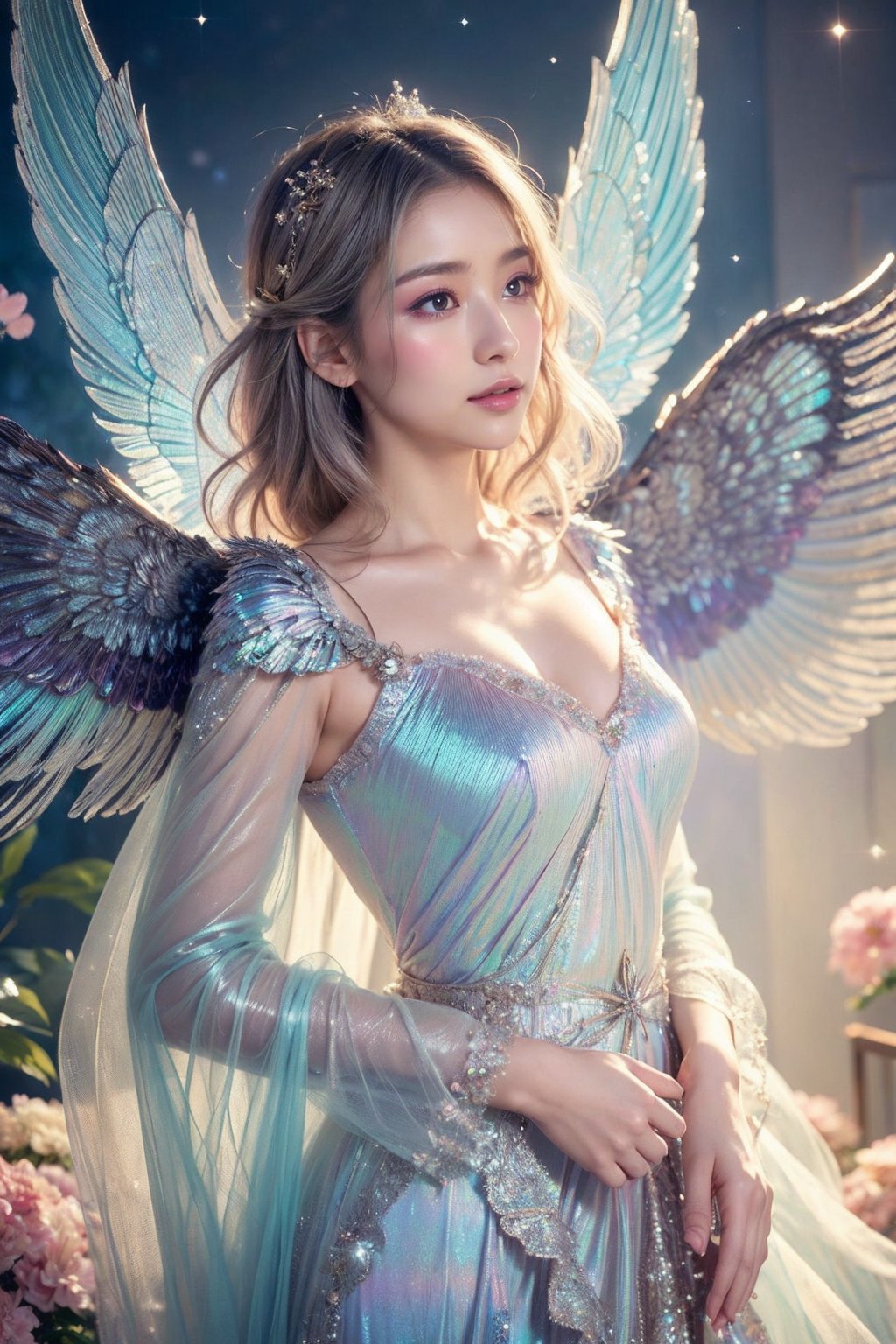 (masterpiece, best quality, CGI, official art:1.2), (stunning celestial being:1.3), (iridescent wings:1.4), shimmering silver hair, piercing sapphire eyes, gentle smile, (luminous aura:1.2), soft focus, whimsical atmosphere, serene emotion, dreamy tone, vibrant intensity, inspired by Hayao Miyazaki's style, ethereal aesthetic, pastel colors with (soft pink accents:1.1), warm mood, soft golden lighting, diagonal shot, looking up in wonder, surrounded by (delicate clouds:1.1) and (shimmering stardust:1.2), focal point on the being's face, intricate textures on wings and clothes, highly realistic fabric texture, atmospheric mist effect, high image complexity, detailed environment, subtle movement of wings, dynamic energy.