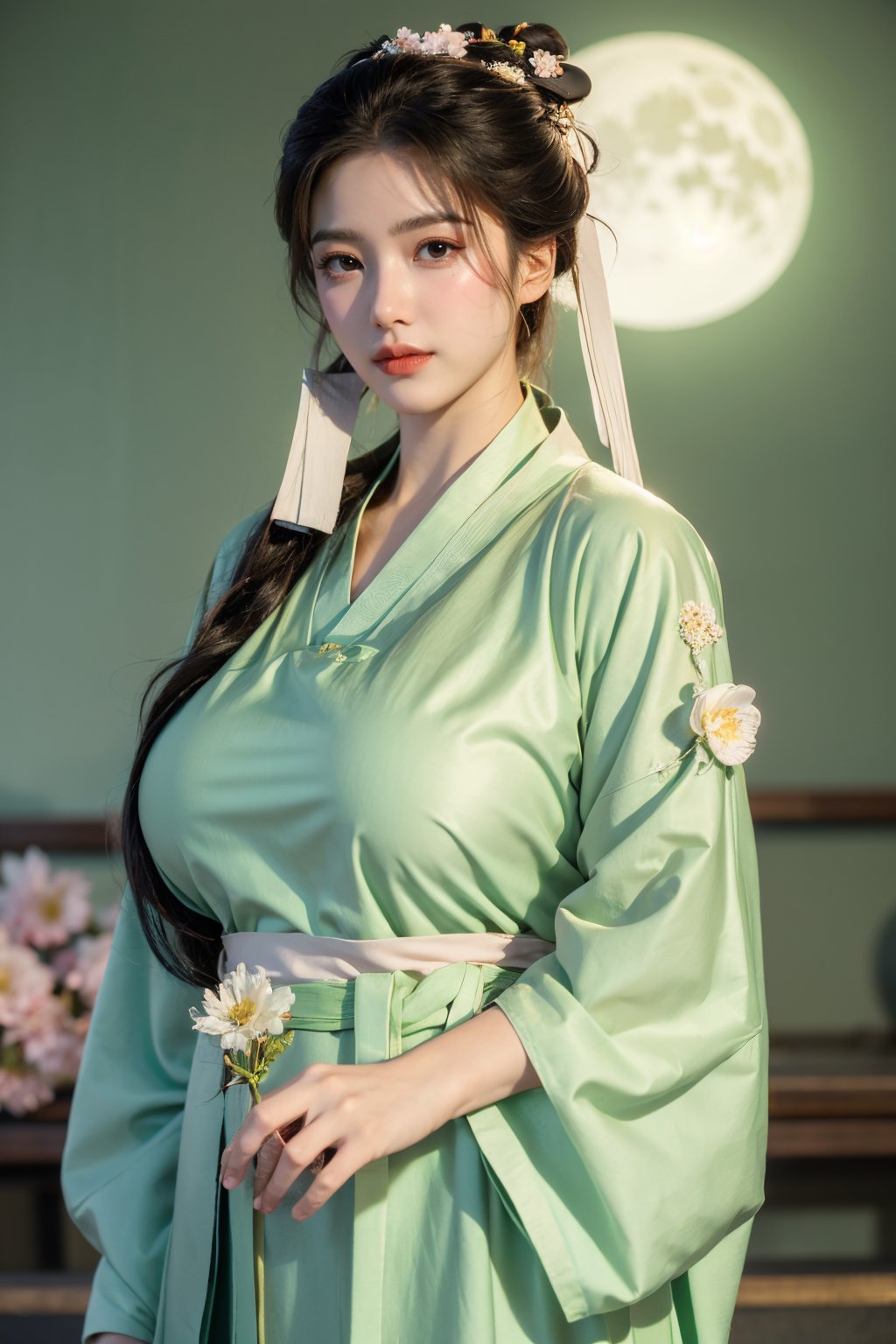  (masterpiece, best quality:1.3), 1girl, black hair, flower, hair ornament, realistic, holding, hair flower, blurry, holding flower, chinese clothes, looking at viewer, green hanfu, black eyes, basket, blurry background,(light green hanfu:1.36),(big breasts:1.63),(full moon:1.29)