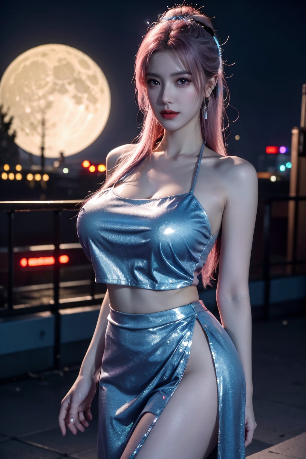 (masterpiece, best quality:1.3),Nights,(Cyberpunk:1.3), (neon lights:1.4), glowing earrings, realistic, pub,1girl, solo, looking at viewer, (Holographic light blue dress:1.29),realistic, midriff, bare shoulders, standting, hair ornament, pink hair, jewelry, Pleated Skirt, purple long skirt, cowboy shot,Xyunxiao, ,(huge breasts:1.5),(full moon:1.39)