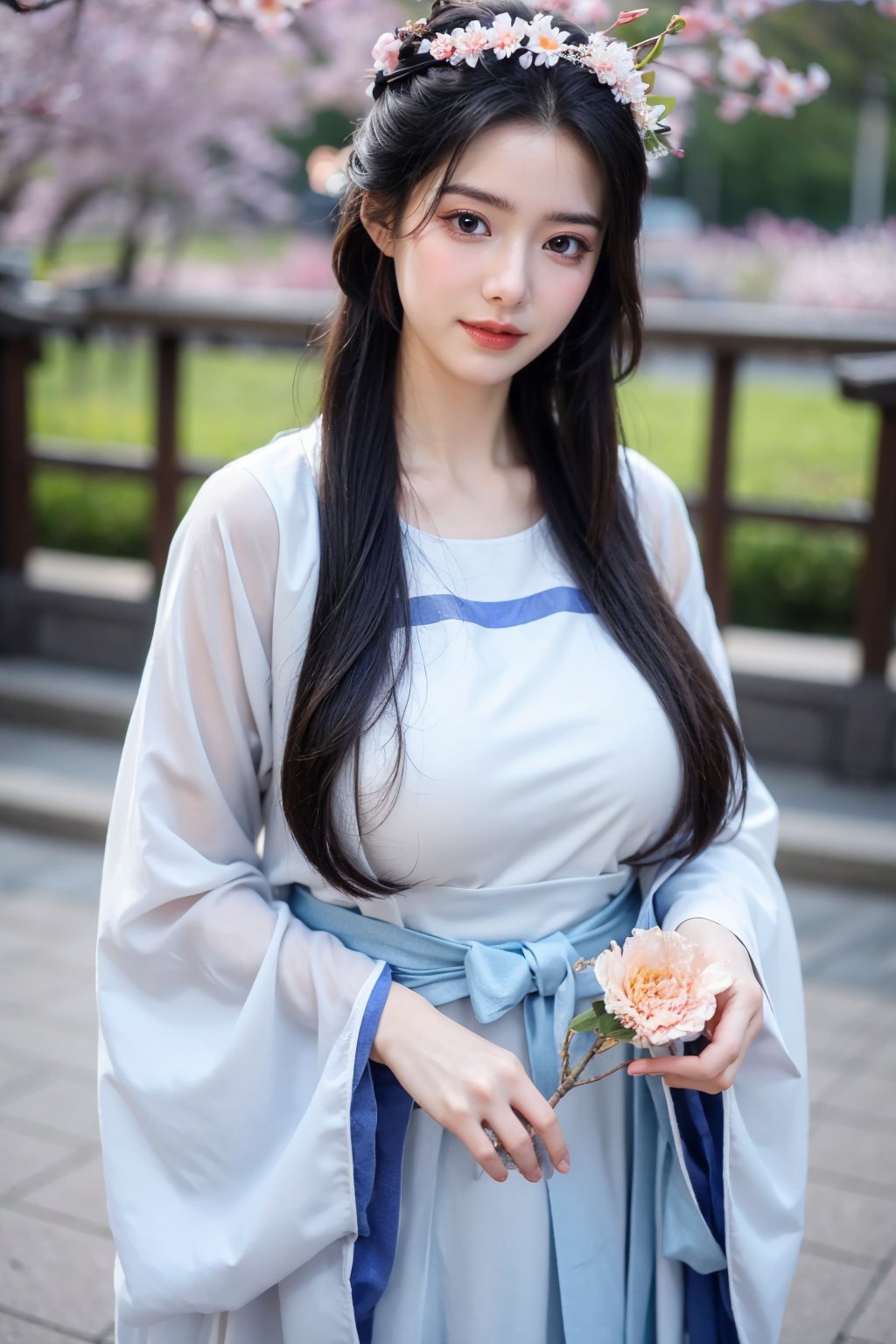 fenmo, fense, 1girl, black hair, flower, hair ornament, realistic, holding, hair flower, blurry, holding flower, chinese clothes, looking at viewer, hanfu, black eyes, basket, blurry background,hanfu,cho girl,(big breasts:1.39)