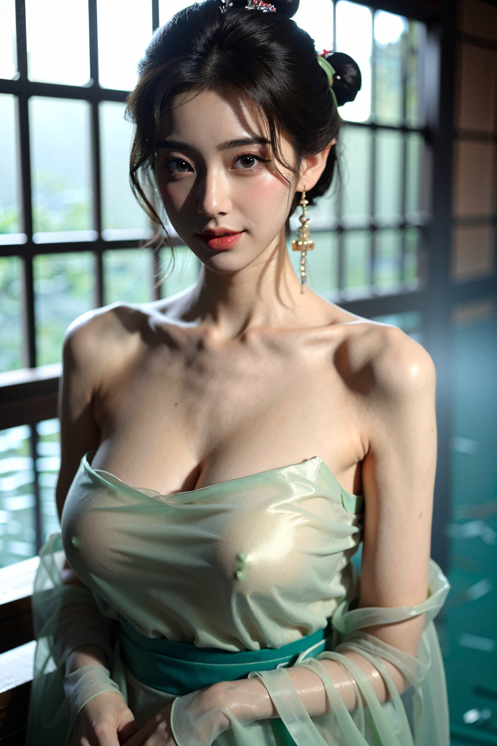 (((masterpiece))), (((best quality))), (((half body photo))), (((tangfengspabelle))),((partially submerged)), solo, 1girl, ((light green collarbone see through hanfu:1.2)), hairclip, big tits, smile, (big breasts:1.39)