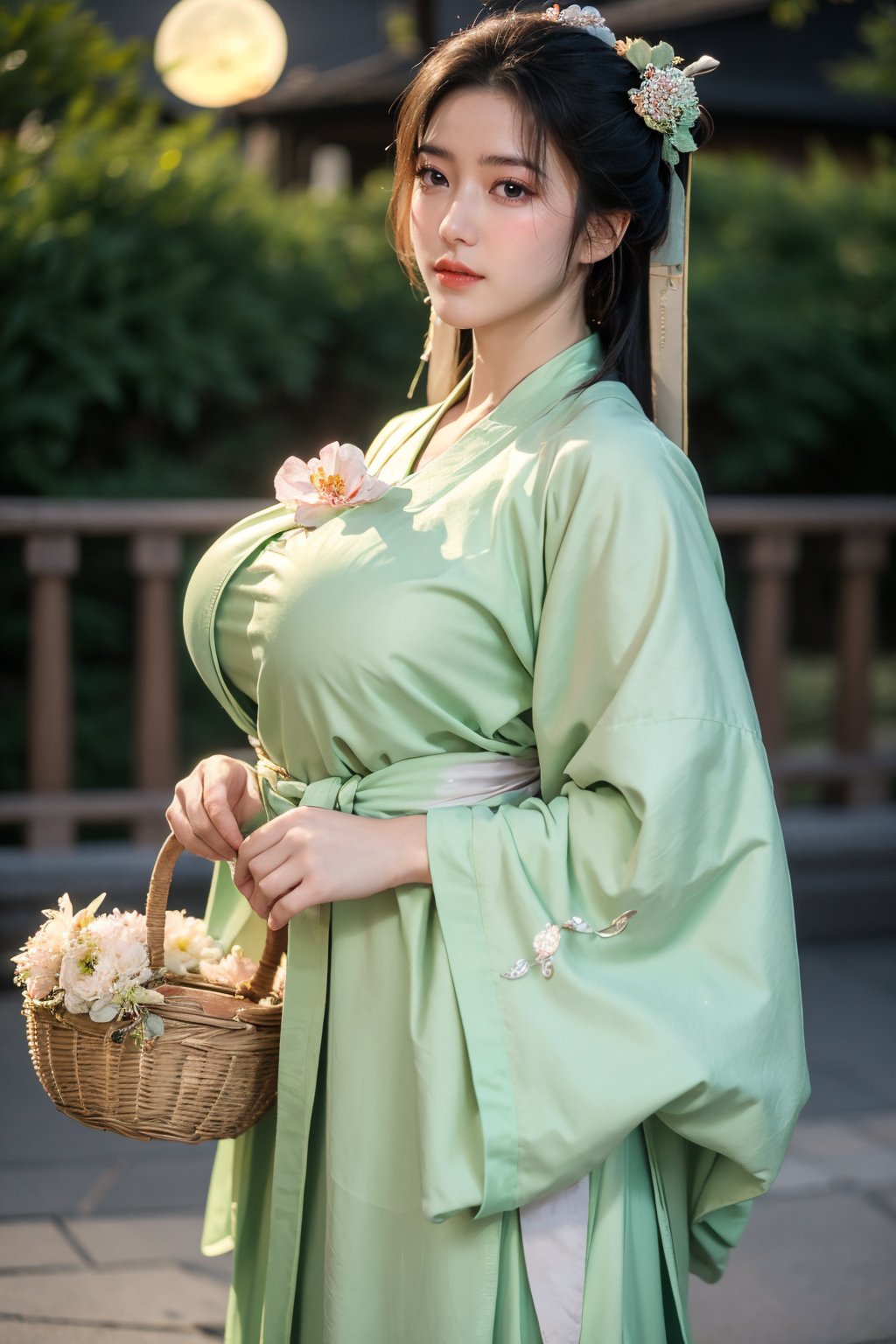  (masterpiece, best quality:1.3), 1girl, black hair, flower, hair ornament, realistic, holding, hair flower, blurry, holding flower, chinese clothes, looking at viewer, hanfu, black eyes, basket, blurry background,(light green hanfu:1.29),(big breasts:1.56),(full moon:1.23)