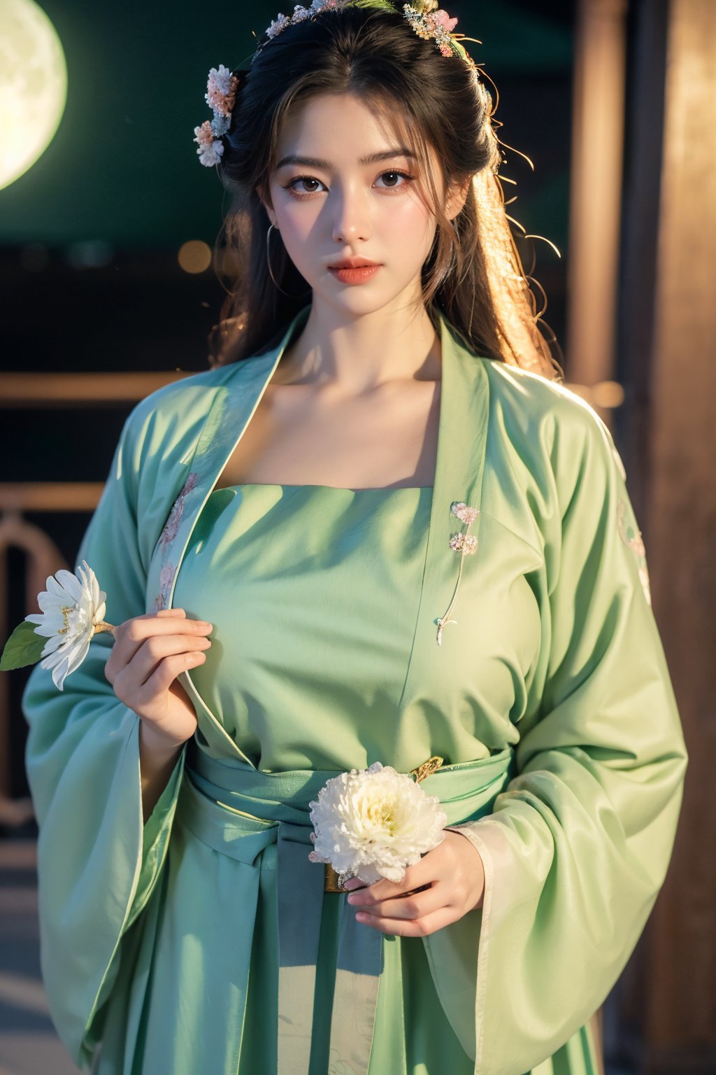  (masterpiece, best quality:1.3), 1girl, black hair, flower, hair ornament, realistic, holding, hair flower, blurry, holding flower, chinese clothes, looking at viewer, hanfu, black eyes, basket, blurry background,(light green hanfu:1.29),(big breasts:1.56),(full moon:1.23)