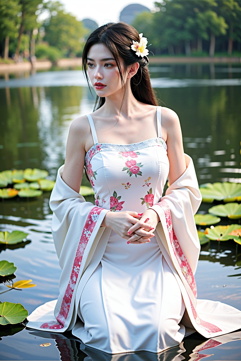As the sun sets,ripples form on the surface of the lotus pond. The Hanfu maiden sits on a lily pad,her sleeves adorned with delicate pink lotus blossoms. The flowers bloom,their petals unfolding like rosy blush. She gazes quietly at her reflection in the water,a sense of tranquility filling her heart.,hanfu,(big breasts:1.59),embroidered flower patterns