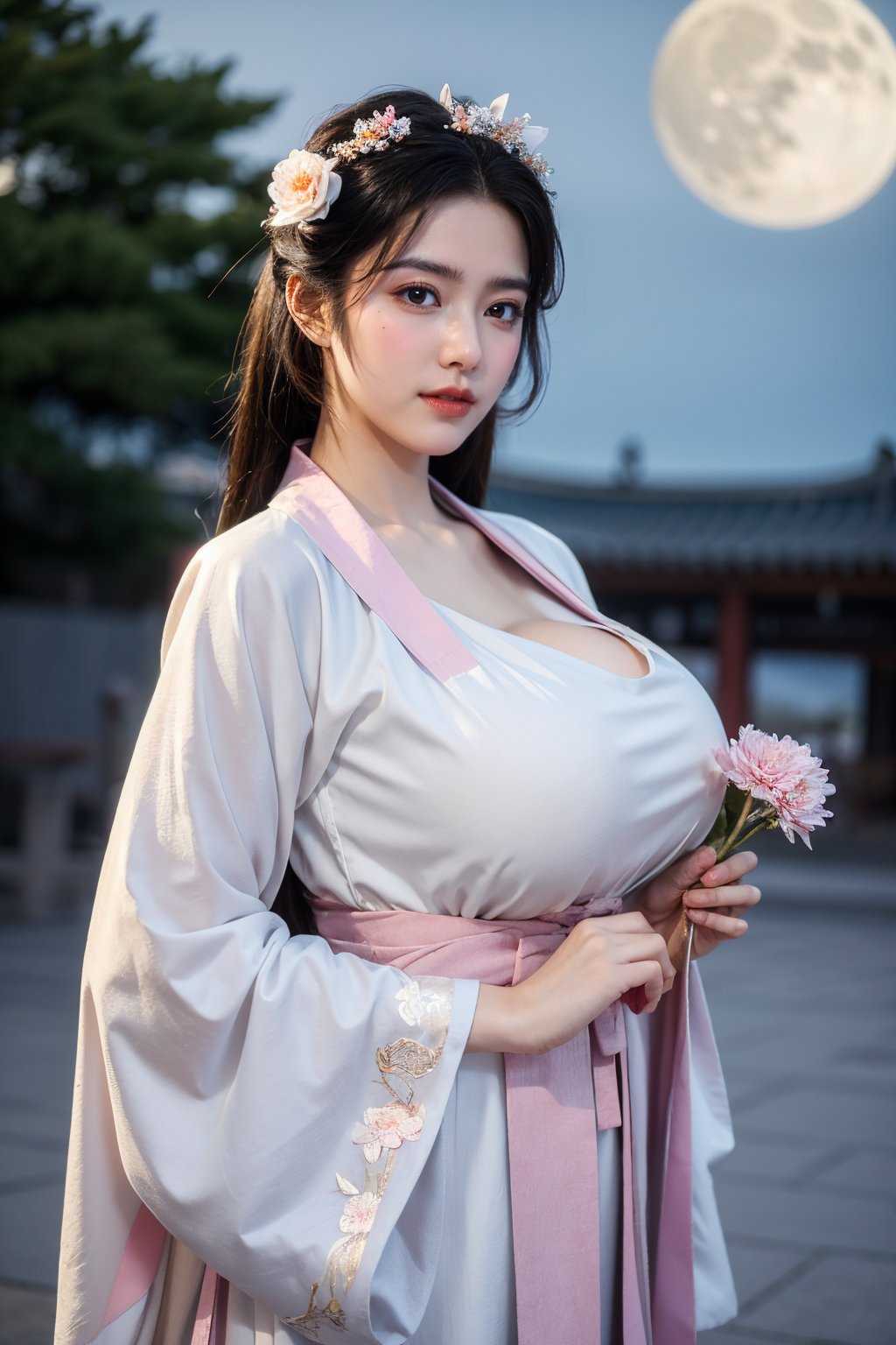  (masterpiece, best quality:1.3), 1girl, black hair, flower, hair ornament, realistic, holding, hair flower, blurry, holding flower, chinese clothes, looking at viewer, hanfu, black eyes, basket, blurry background,hanfu,cho girl,(big breasts:1.56),(full moon:1.23)