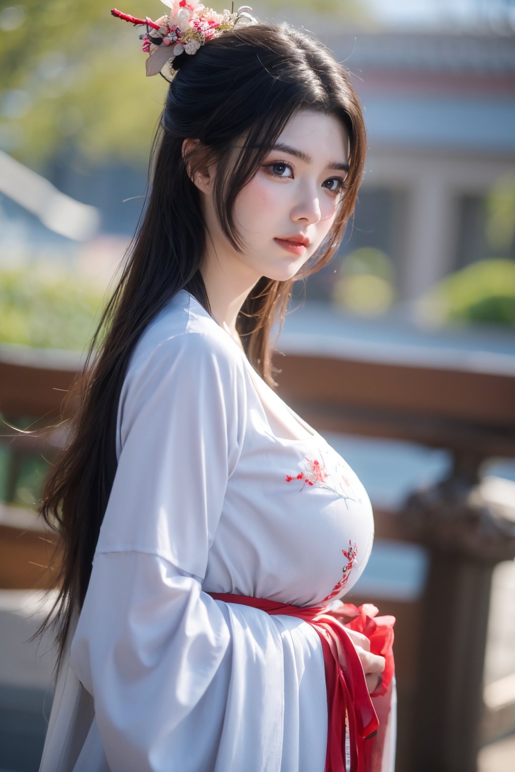 fenmo, fense, 1girl, black hair, flower, hair ornament, realistic, holding, hair flower, blurry, holding flower, chinese clothes, looking at viewer, hanfu, black eyes, basket, blurry background,hanfu,cho girl,(big breasts:1.56),gufeng,embroidered flower patterns