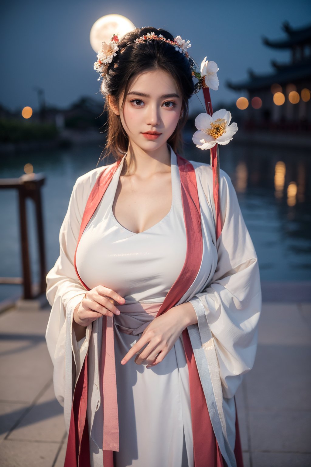  (masterpiece, best quality:1.3), 1girl, black hair, flower, hair ornament, realistic, holding, hair flower, blurry, holding flower, chinese clothes, looking at viewer, hanfu, black eyes, basket, blurry background,(red hanfu:1.29),(big breasts:1.63),(full moon:1.29)