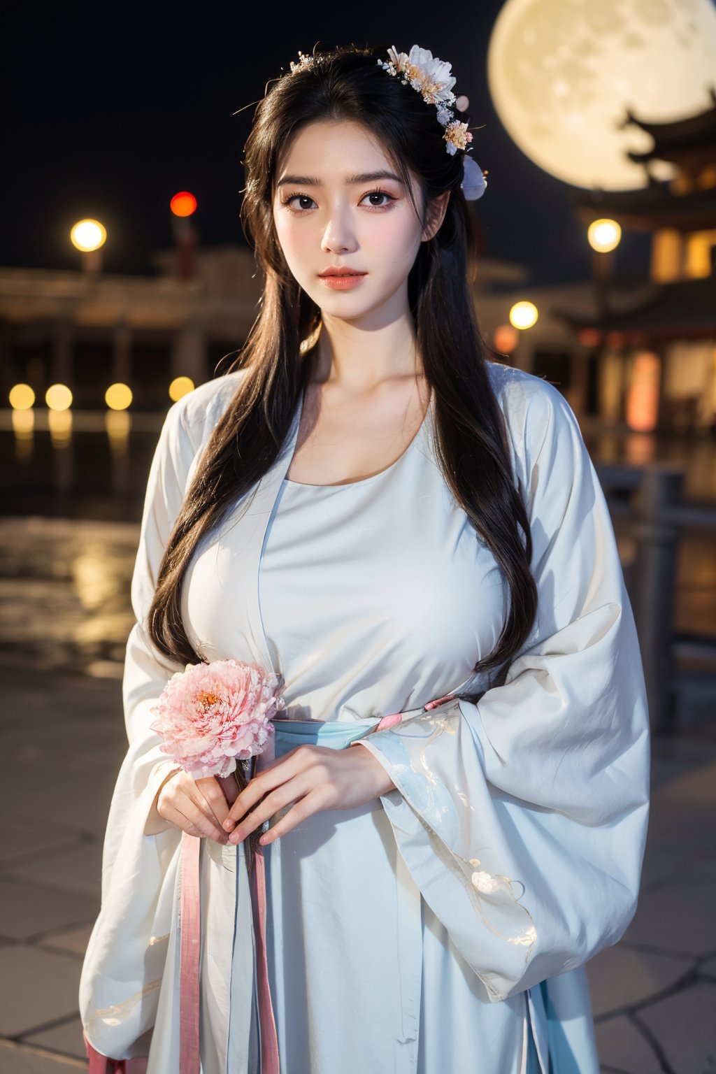  (masterpiece, best quality:1.3), 1girl, black hair, flower, hair ornament, realistic, holding, hair flower, blurry, holding flower, chinese clothes, looking at viewer, hanfu, black eyes, basket, blurry background,(white hanfu:1.29),(big breasts:1.63),(full moon:1.23)