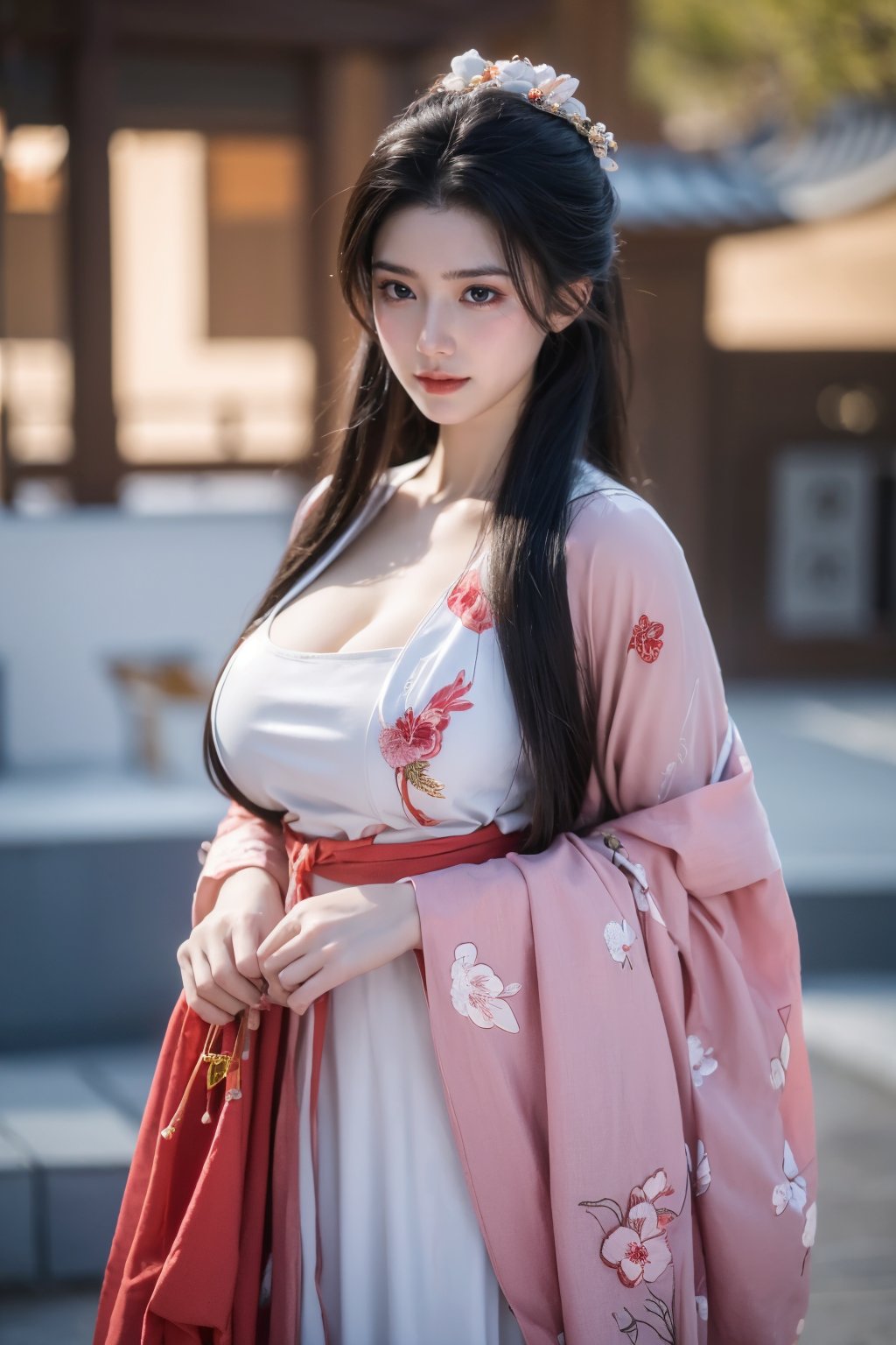 fenmo, fense, 1girl, black hair, flower, hair ornament, realistic, holding, hair flower, blurry, holding flower, chinese clothes, looking at viewer, hanfu, black eyes, basket, blurry background,hanfu,cho girl,(big breasts:1.56),gufeng,embroidered flower patterns