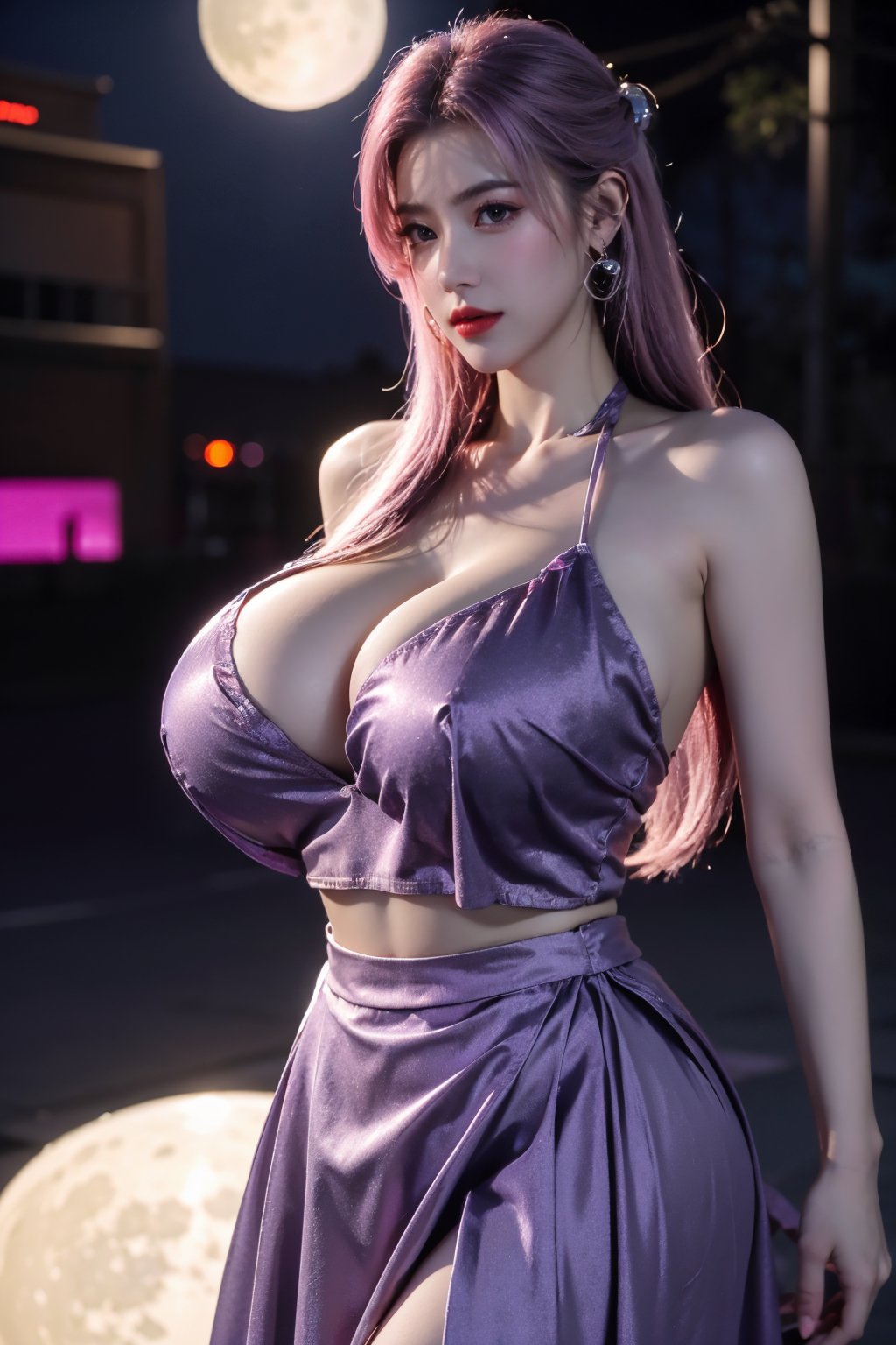 (masterpiece, best quality:1.3),Nights,(Cyberpunk:1.3), (neon lights:1.4), glowing earrings, realistic, pub,1girl, solo, looking at viewer, (Holographic color:1.23(light purple dress:1.29),realistic, midriff, bare shoulders, standting, hair ornament, pink hair, jewelry, Pleated Skirt, purple long skirt, cowboy shot,Xyunxiao, ,(huge breasts:1.5),(full moon:1.39)