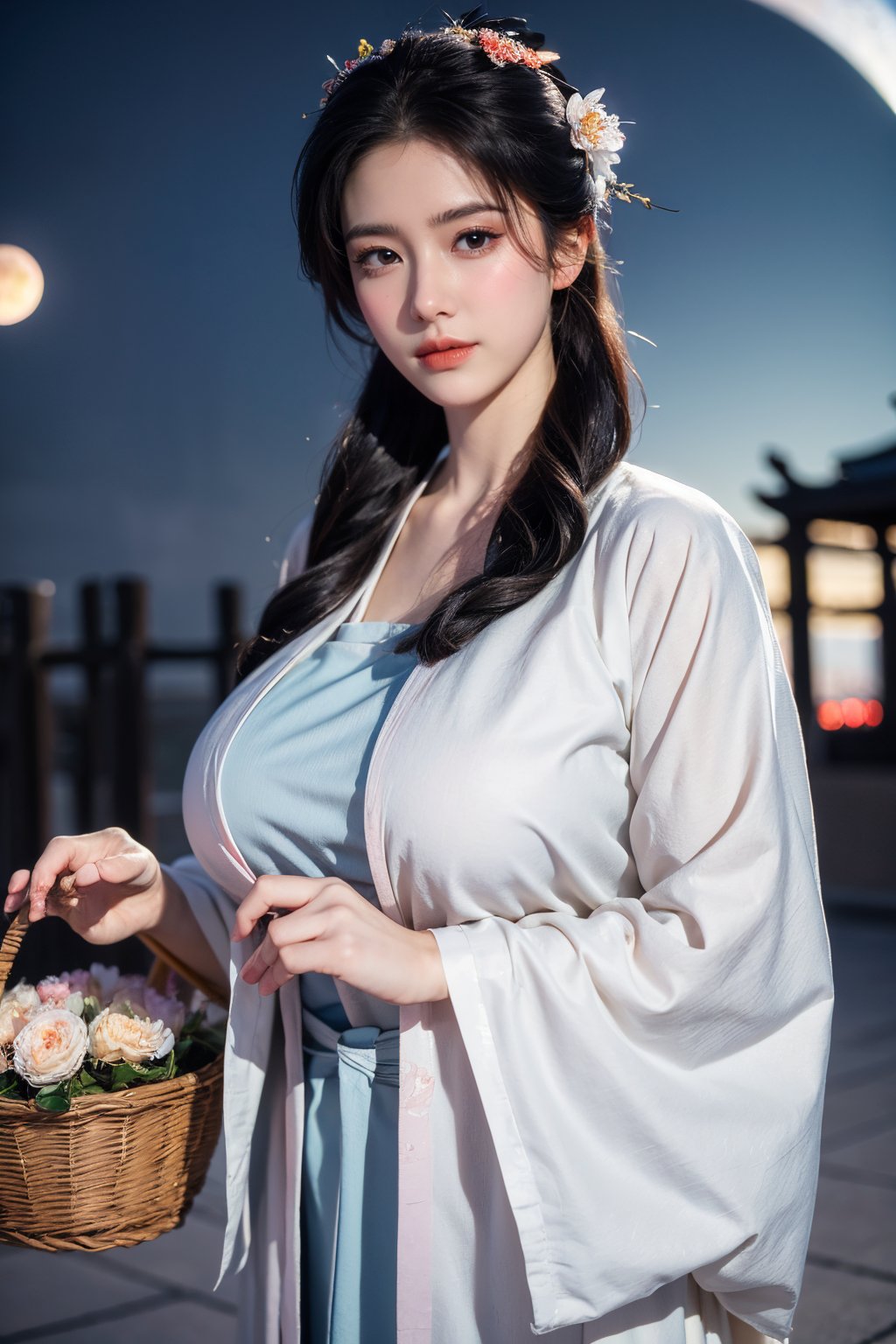  (masterpiece, best quality:1.3), 1girl, black hair, flower, hair ornament, realistic, holding, hair flower, blurry, holding flower, chinese clothes, looking at viewer, hanfu, black eyes, basket, blurry background,(red hanfu:1.29),(big breasts:1.63),(full moon:1.29)