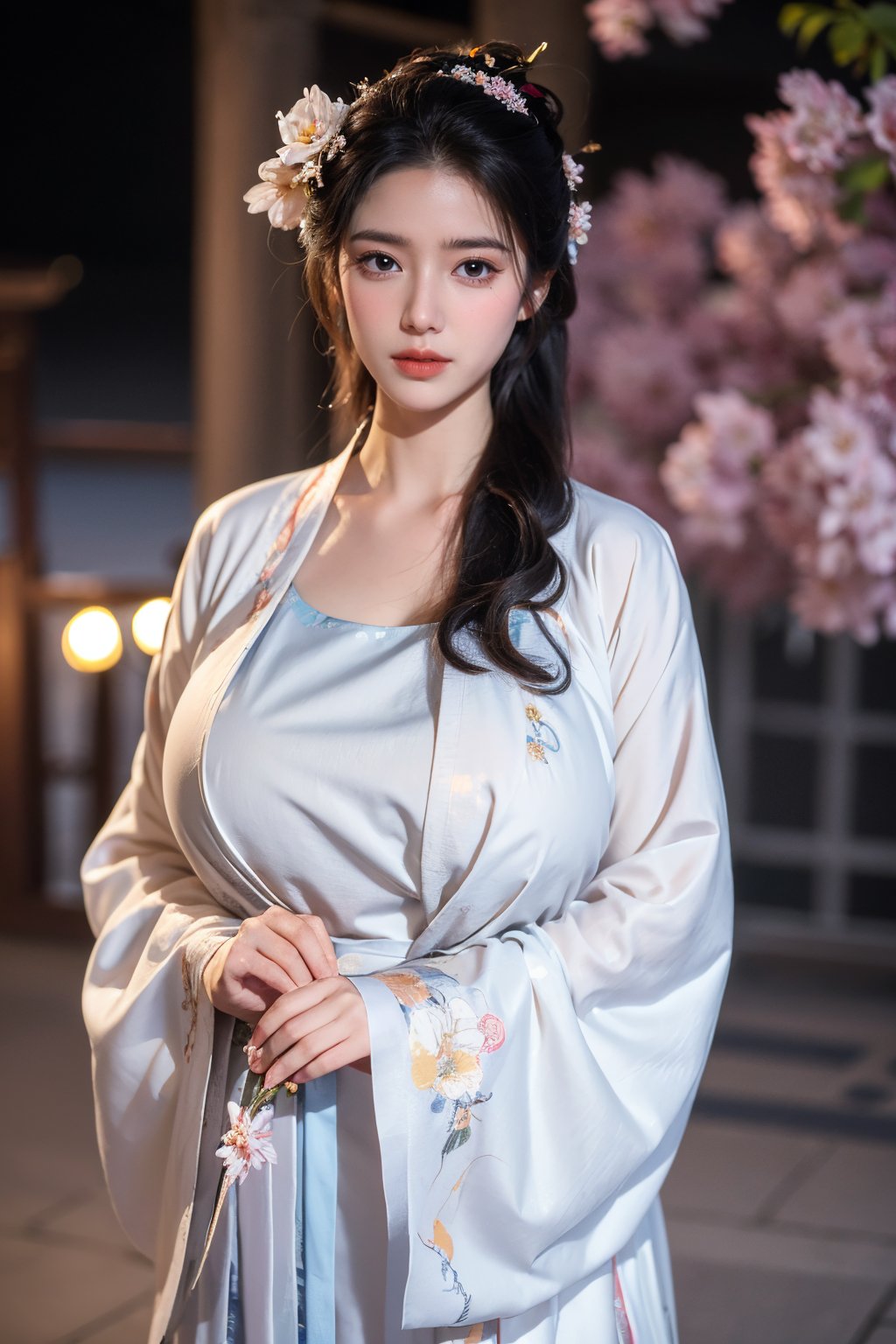  (masterpiece, best quality:1.3), 1girl, black hair, flower, hair ornament, realistic, holding, hair flower, blurry, holding flower, chinese clothes, looking at viewer, hanfu, black eyes, basket, blurry background,(white hanfu:1.29),(big breasts:1.63),(full moon:1.23)