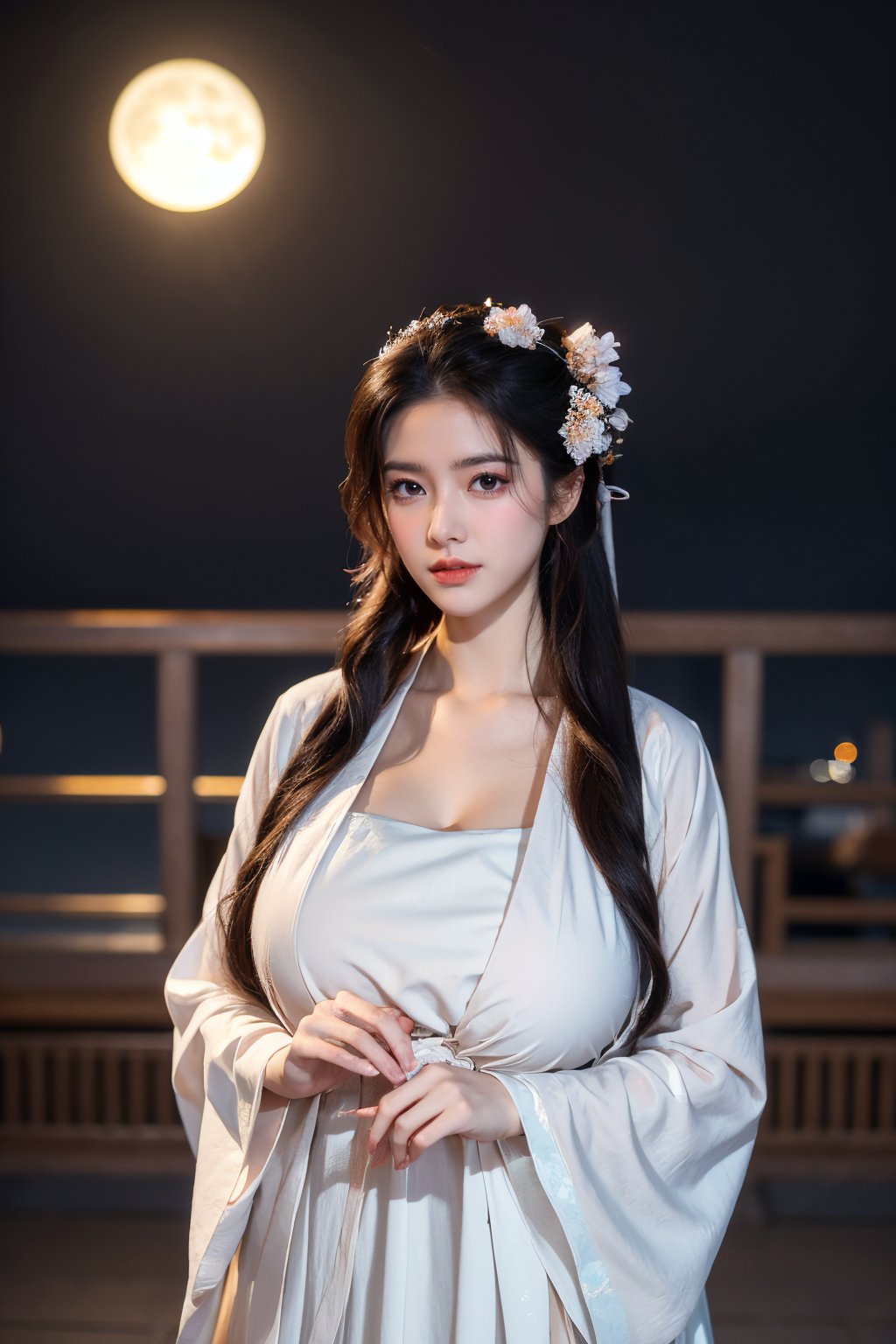  (masterpiece, best quality:1.3), 1girl, black hair, flower, hair ornament, realistic, holding, hair flower, blurry, holding flower, chinese clothes, looking at viewer, hanfu, black eyes, basket, blurry background,(white hanfu:1.29),(big breasts:1.59),(full moon:1.23)