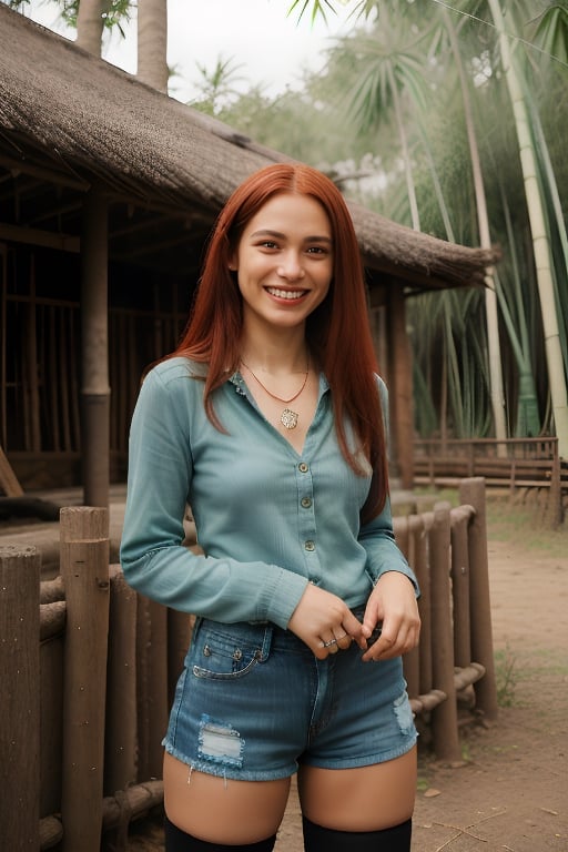 1girl, solo, long red hair, looking at viewer, smile, thighhighs, brown eyes, jewelry, outdoors, teeth, torn jeans thighhighs, necklace, grin, tree, Realistic, poor villages bamboo house background