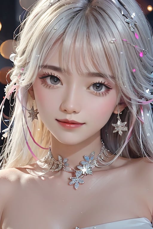  ((highest quality, master works, ultra-fine section, light and shadow tracking, ultra-high resolution)) a girl,bow smile,simple background,gradient background,snowflakes,particle light,real light and shadow,white hair,happy,shy,blush,bright scene,colorful details,