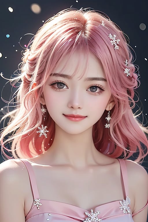  ((highest quality, master works, ultra-fine section, light and shadow tracking, ultra-high resolution)) a girl,bow smile,simple background,gradient background,snowflakes,particle light,real light and shadow,pink hair,happy,shy,blush,bright scene,colorful details,