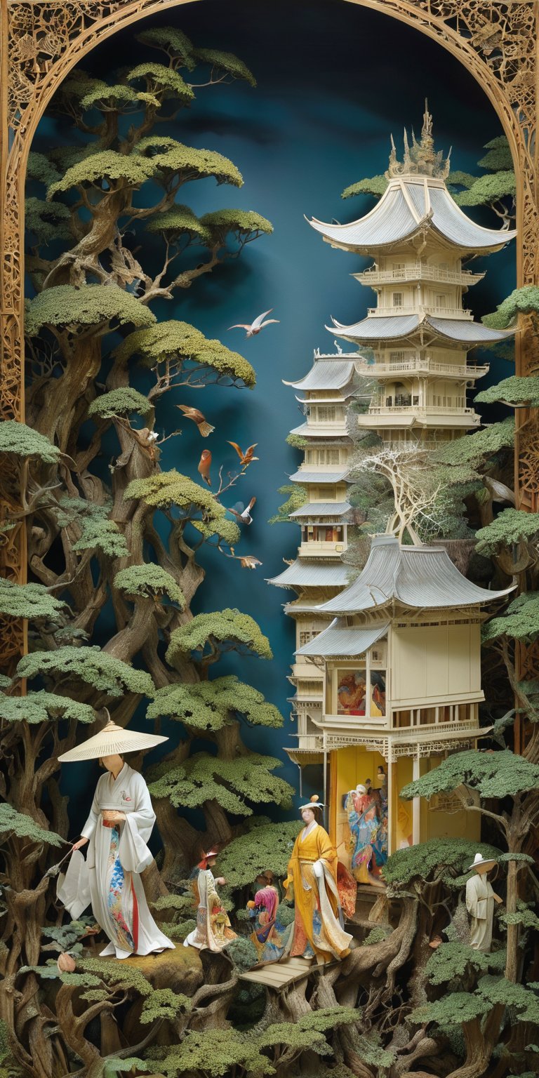 photography in the style of detailed hyperrealism ,creature ,fantasy,James Christensen,bold lines,hyper detailed

(realistic figures in the foreground, impressionistic  and oil painting in the background 1.2)

(Kirigami representation, 3D, paper folding, paper cutting, Japanese, intricate, symmetrical, precision, clean lines : 1.3)
