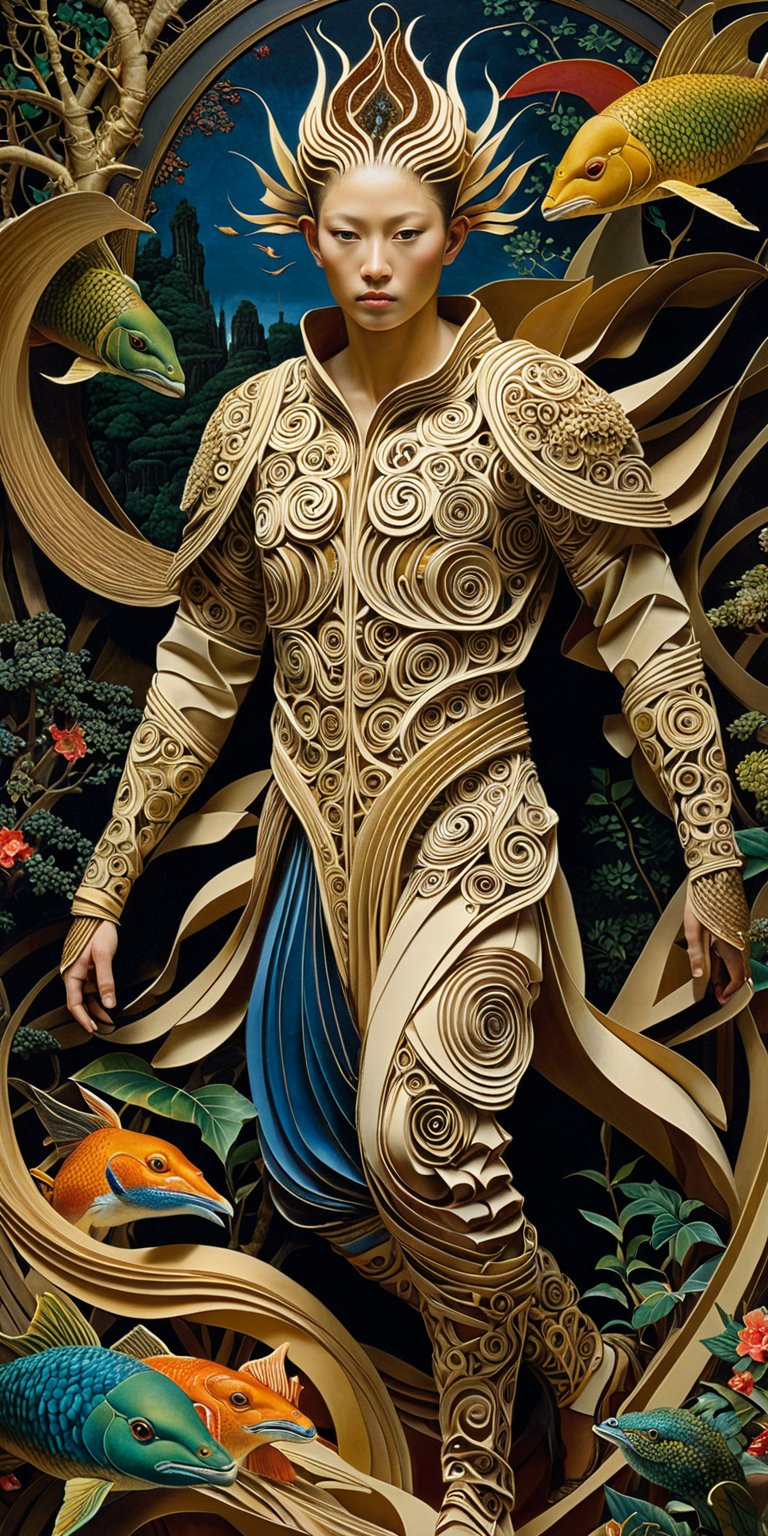 photography in the style of detailed hyperrealism ,creature ,fantasy,James Christensen,bold lines,hyper detailed

(realistic figures in the foreground, impressionistic  and oil painting in the background 1.2)

(Kirigami representation, 3D, paper folding, paper cutting, Japanese, intricate, symmetrical, precision, clean lines : 1.3)
