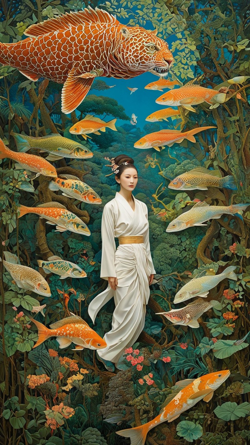 photography in the style of detailed hyperrealism ,creature ,fantasy,James Christensen,bold lines,hyper detailed

(realistic figures in the foreground, impressionistic  and oil painting in the background 1.2)

(Kirigami representation, 3D, paper folding, paper cutting, Japanese, intricate, symmetrical, precision, clean lines : 1.3)
