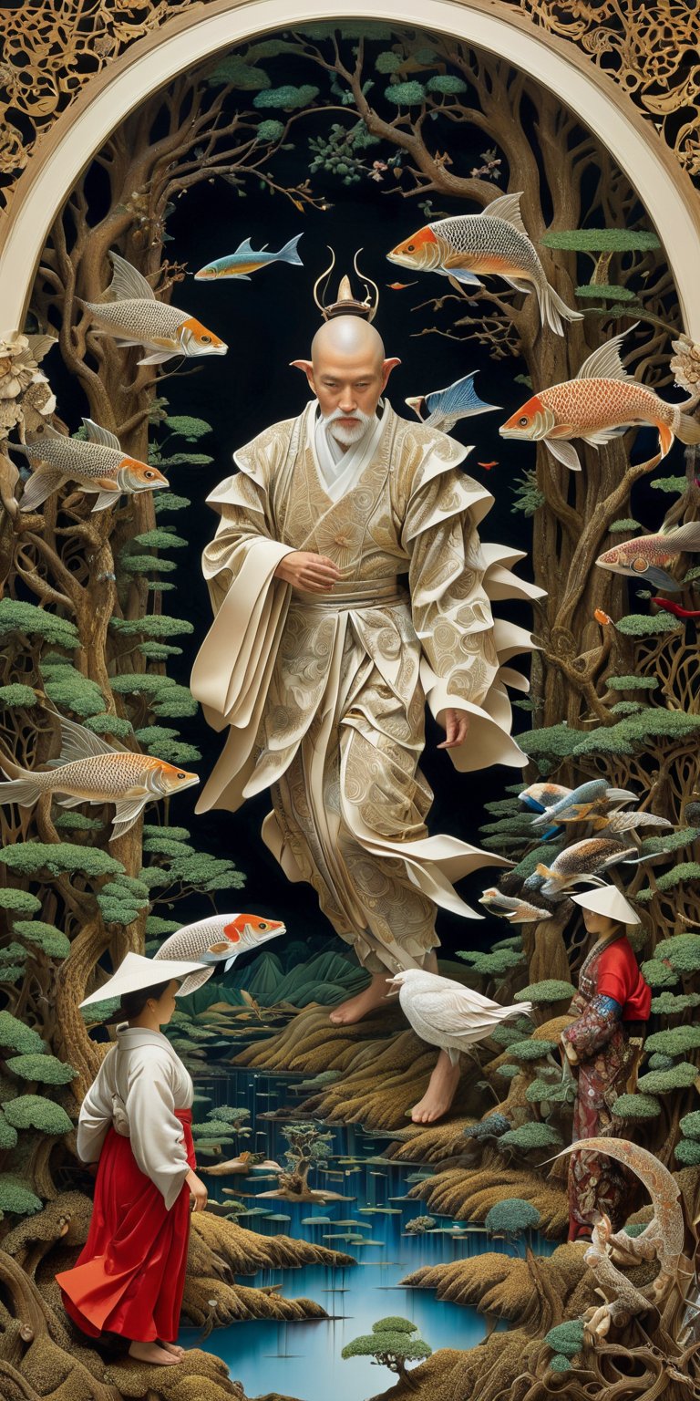 photography in the style of detailed hyperrealism ,creature ,fantasy,James Christensen,bold lines,hyper detailed

(realistic figures in the foreground, impressionistic  and oil painting in the background 1.2)

(Kirigami representation, 3D, paper folding, paper cutting, Japanese, intricate, symmetrical, precision, clean lines : 1.3)
