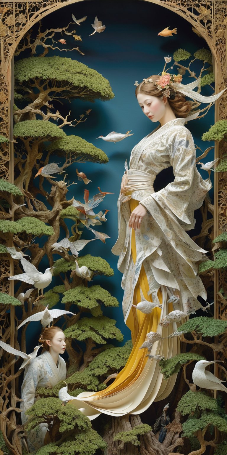 photography in the style of detailed hyperrealism ,creature ,fantasy,James Christensen,bold lines,hyper detailed

(realistic figures in the foreground, impressionistic  and oil painting in the background 1.2)

(Kirigami representation, 3D, paper folding, paper cutting, Japanese, intricate, symmetrical, precision, clean lines : 1.3)
