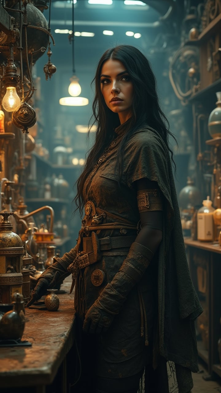 Hyper realistic photo, epic scene, beautiful sorceress huntress, ragged and dusty robe, intricatel and detailed apothecary lab, futuristic theophanic cathedral laboratory, mechanical device, Hollow Earth mystery adventure, punk fantasy futuristic universe ,skyless valerian artifact, intricate details, highly refined detailed, wide angle, 120mm