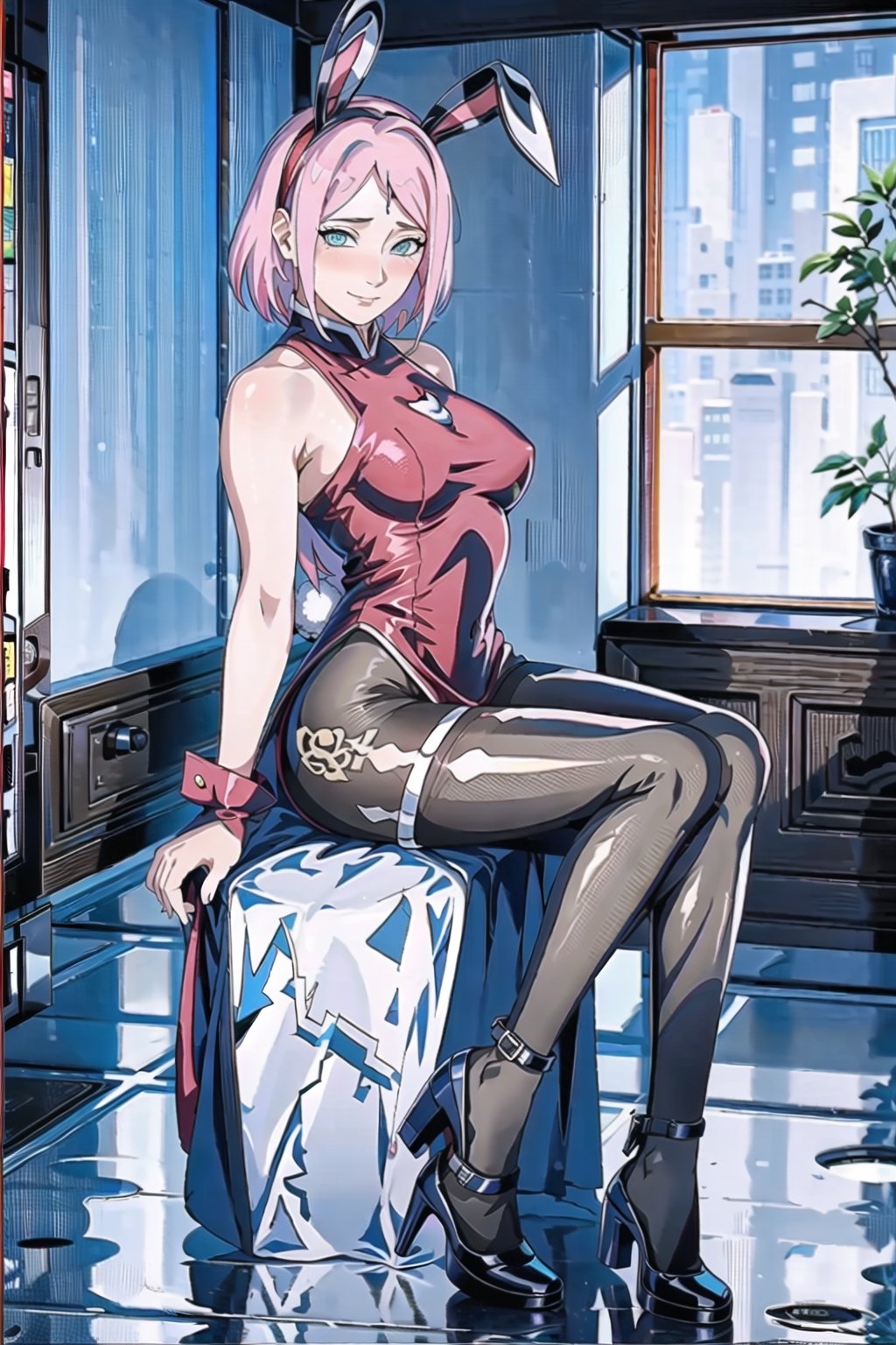 {{masterpiece, best quality, extremely detailed CG, unity 8k wallpaper, cinematic lighting, lens flare}},pink hair,:,,sakuraharuno,(pantyhose:1.2),(looking at viewer:1.2),blue eyes,wide view,full body,sitting,cosplay\(naruto\),thick body,green eyes,stone path,,pantyhose,stockings,haruno sakura,naruto haruno sakura,cosplay, Bunnygirl suit, playboy_bunny,bunny_suit,bunnygirl,pink suit,, half closed eyes, seductive smile, smut, seducing,exposed_legs, heart-shaped_pupils,blush