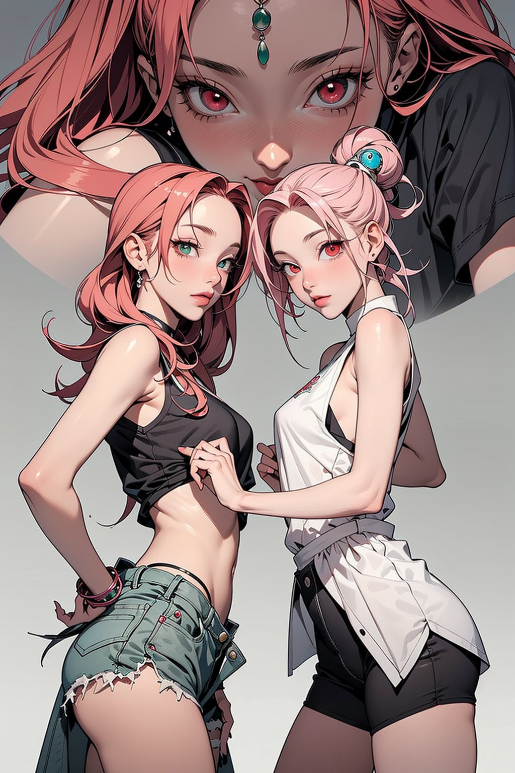 2 girls, 1girl with short pink hair and green eyes named Sakura Haruno, 1girl with long red hair and red eyes named Karin Uzumaki, egypt clothes, ancient egypt, accessories, jewelry, head ornament, harunoshipp forehead protector, sleeveless shirt,Karin uzumaki,Karin,Karin_Uzumaki,