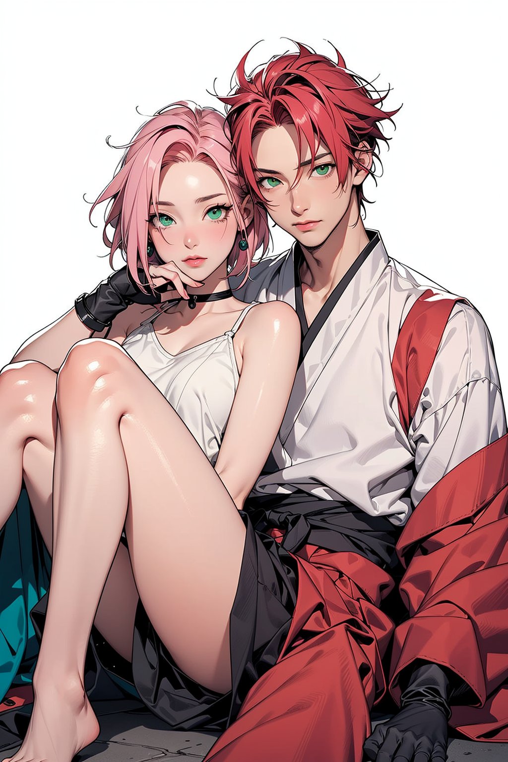 1girl with short pink hair and green eyes named Sakura Haruno in ninja attire, 1man with red hair and green eyes named Gaara, shinobi, ninja, harunoshipp