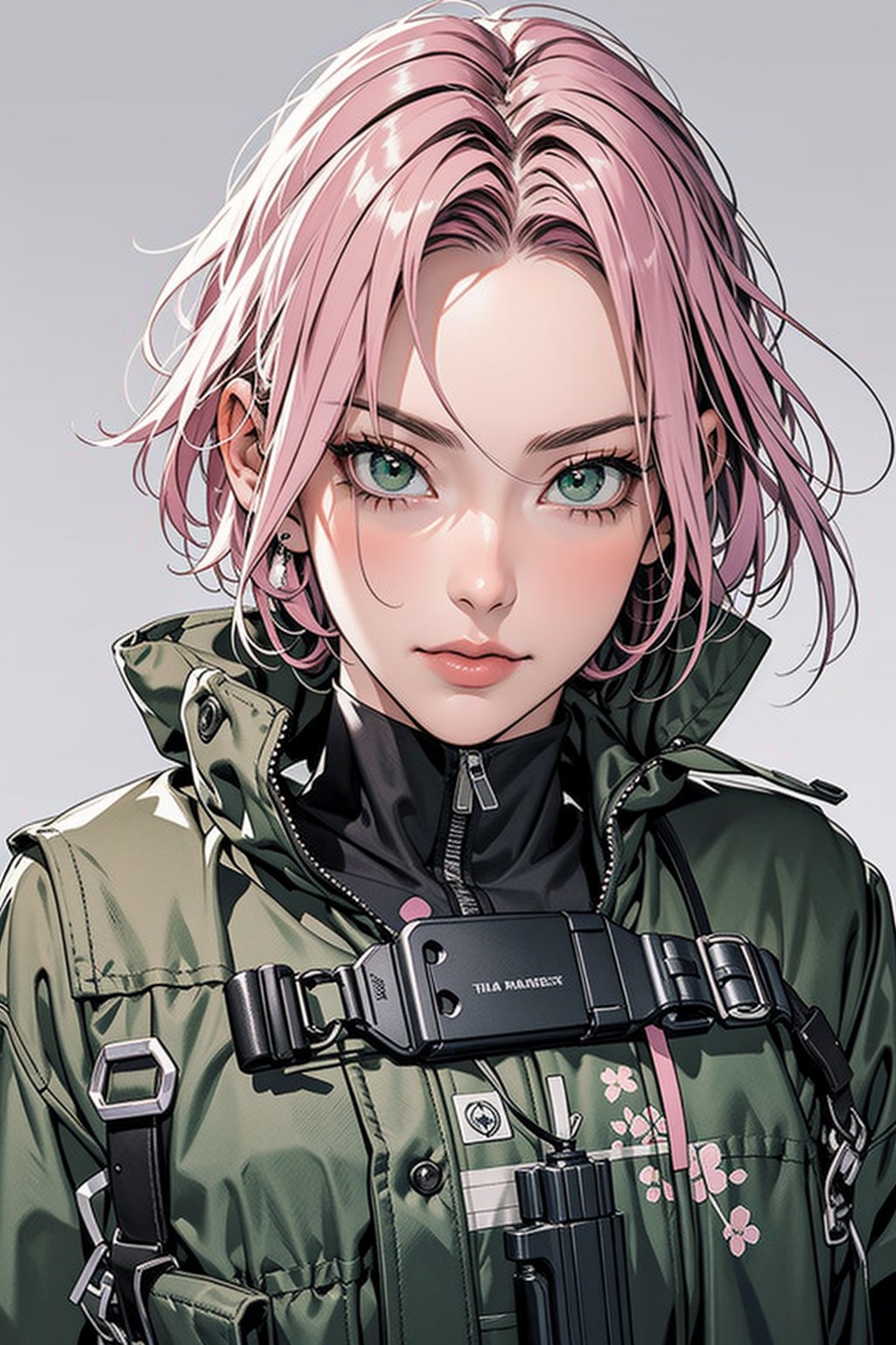 Sakura Haruno, pink hair, green eyes, military, military outfit, war, fire, gun, firearm, weapon, masterpiece, best quality