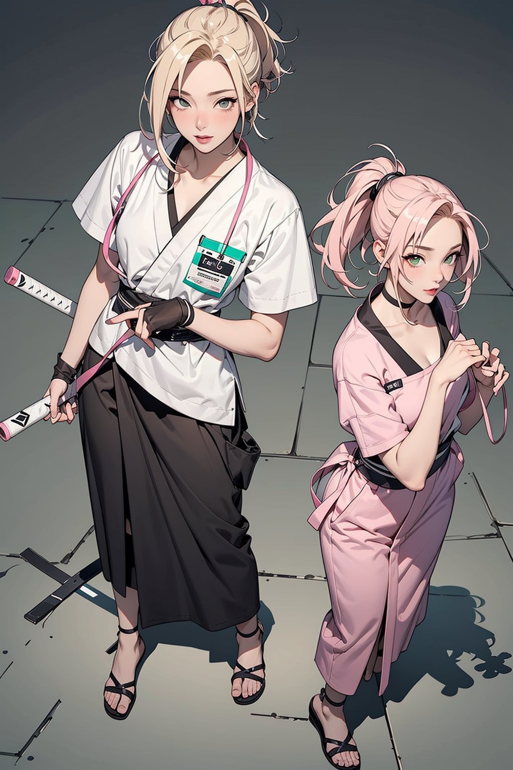 2 girls, 1girl with short pink hair and green eyes named Sakura Haruno, 1woman with long blonde hair in two low ponytail and brown eyes named Tsunade Senju, mentorship, ninja, shinobi, kunoichi, medic, harunoshipp