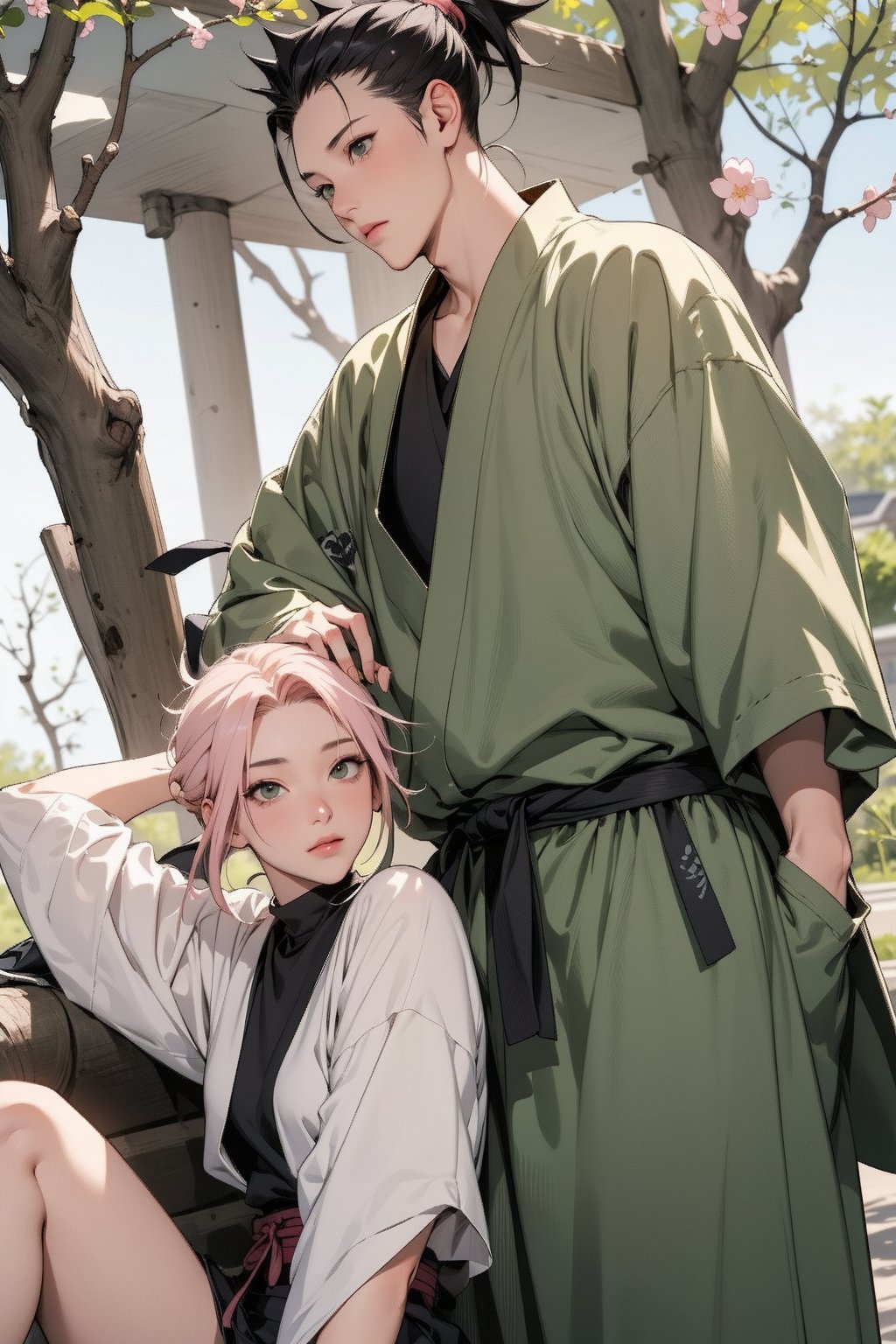 1girl with short pink hair and green eyes named Sakura Haruno, 1man with long black hair in a high ponytail and black eyes named Shikamaru Nara, ninja, shinobi, harunoshipp,Ninja