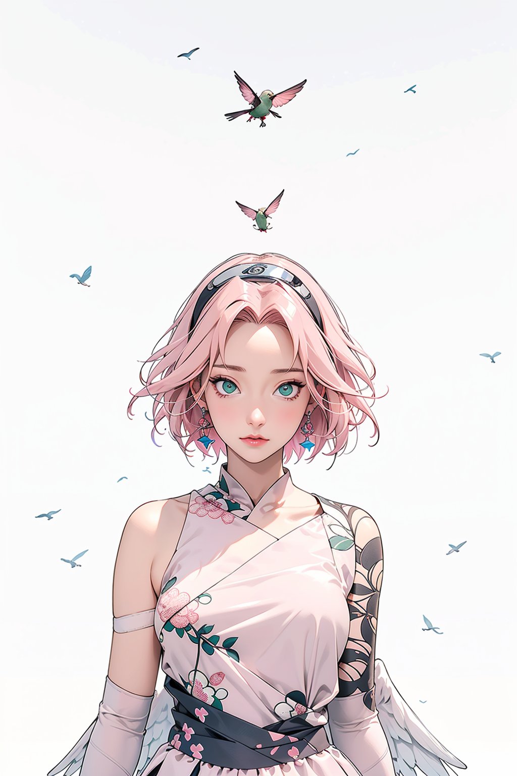 Sakura Haruno, pink hair, green eyes, angel, wings, fly, nature, dress, masterpiece, best quality